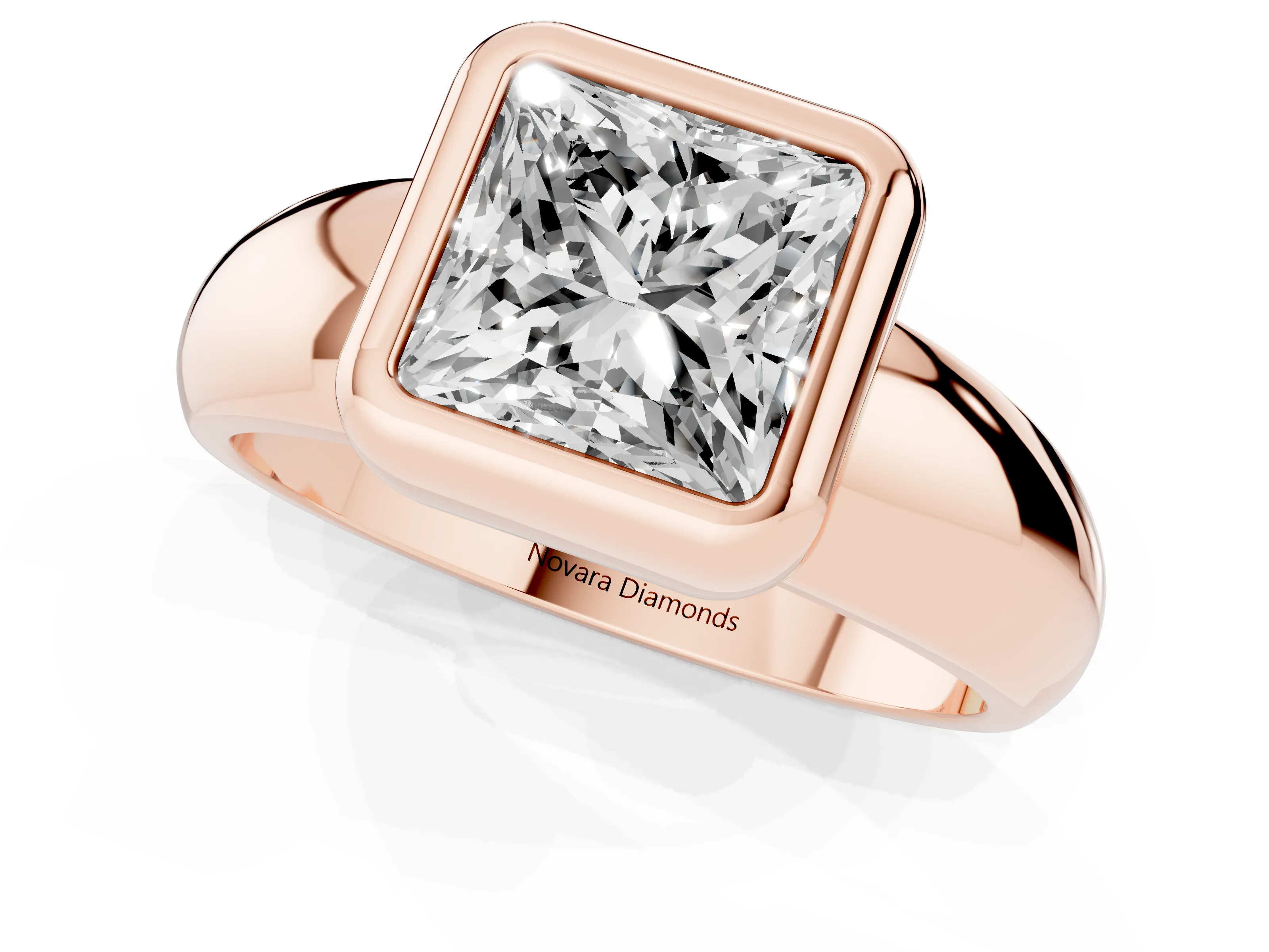 Bezel Set Princess Cut Diamond Solitaire Ring Set in Rose gold with Wide Band