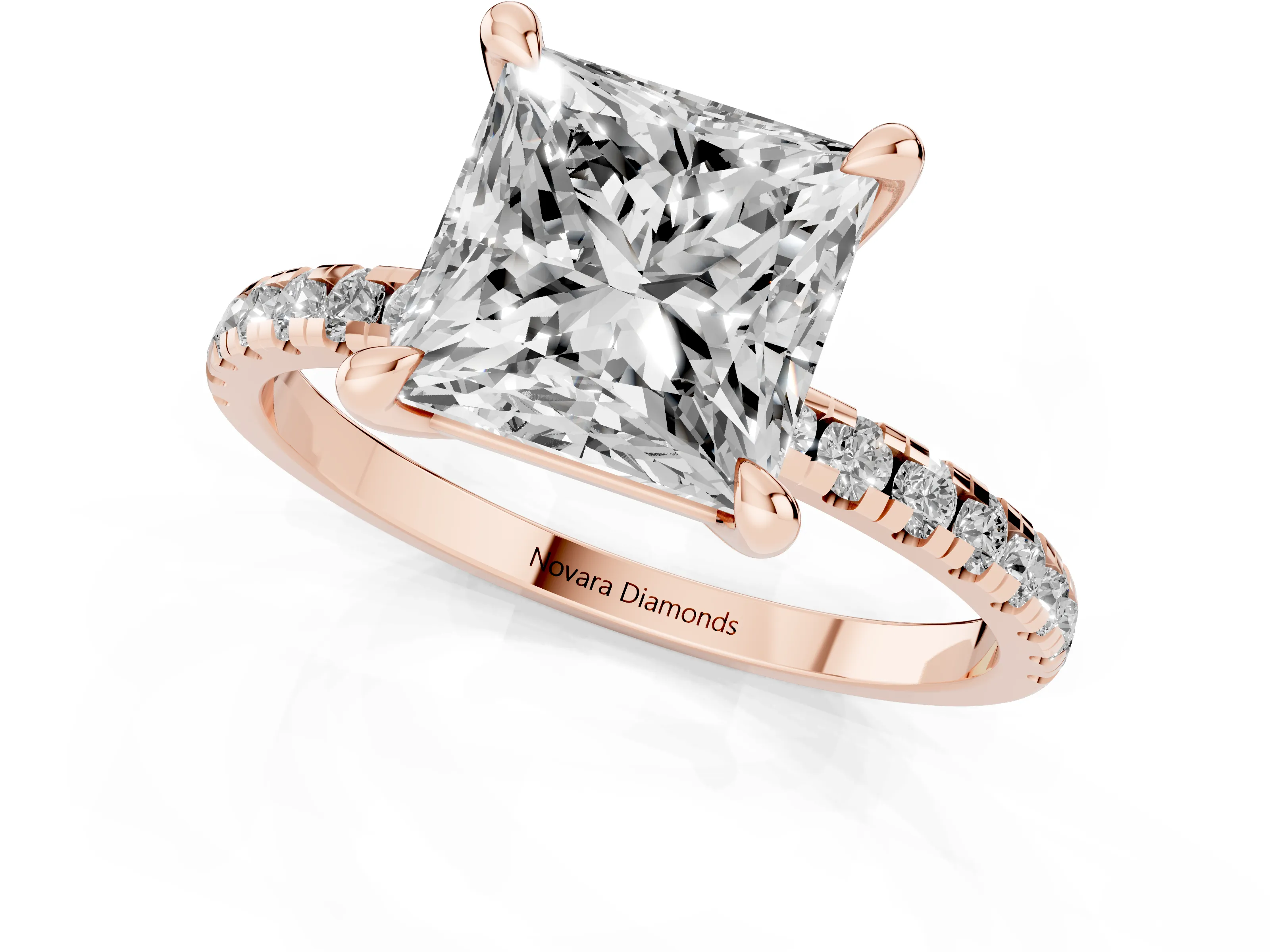 Princess Cut Diamond Brilliant Solitaire Ring Set in Rose gold with Pavé Band and Prong Setting