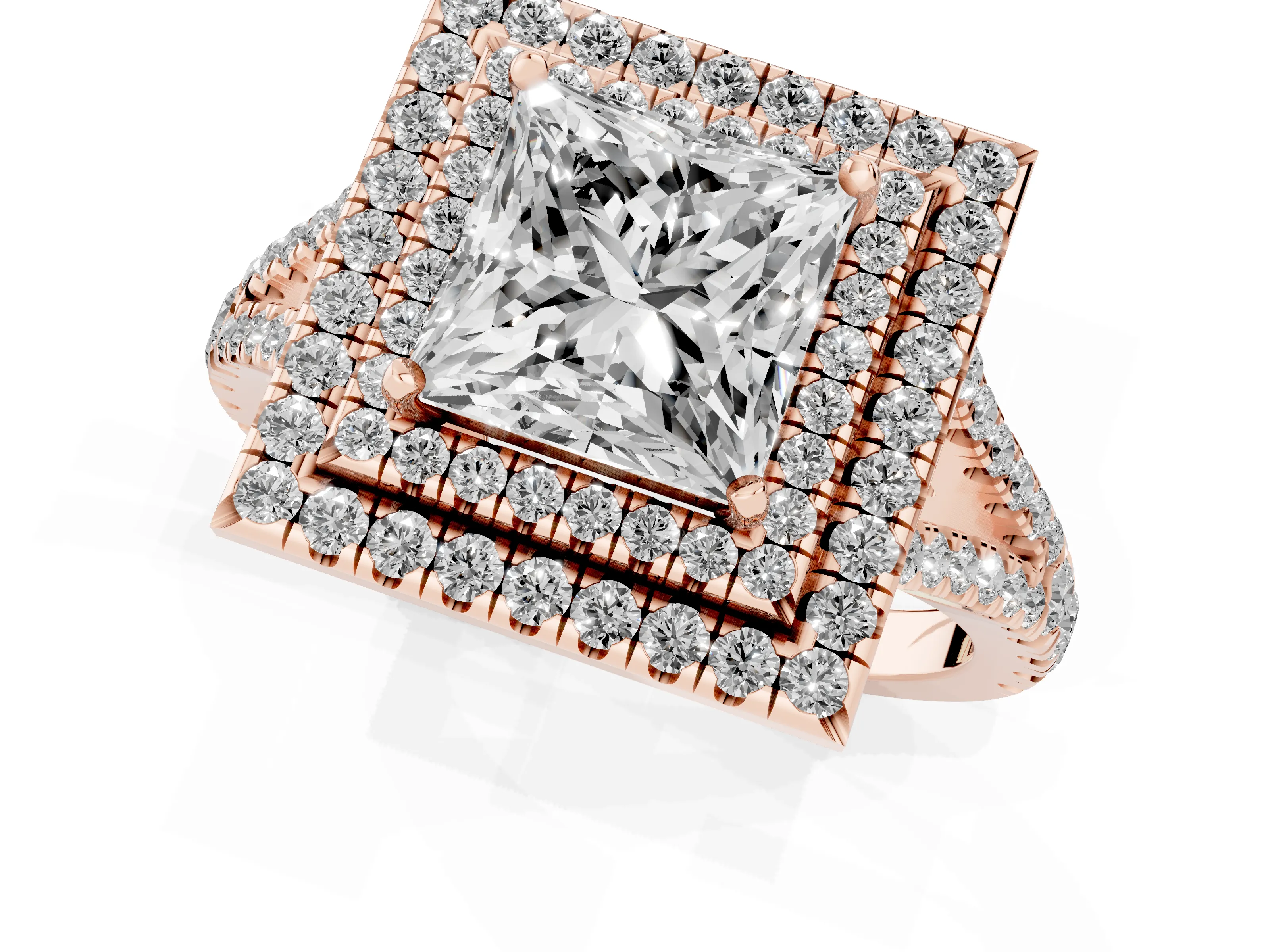 Princess Cut Diamond Double Halo Ring Set in Rose gold with Pavé Band