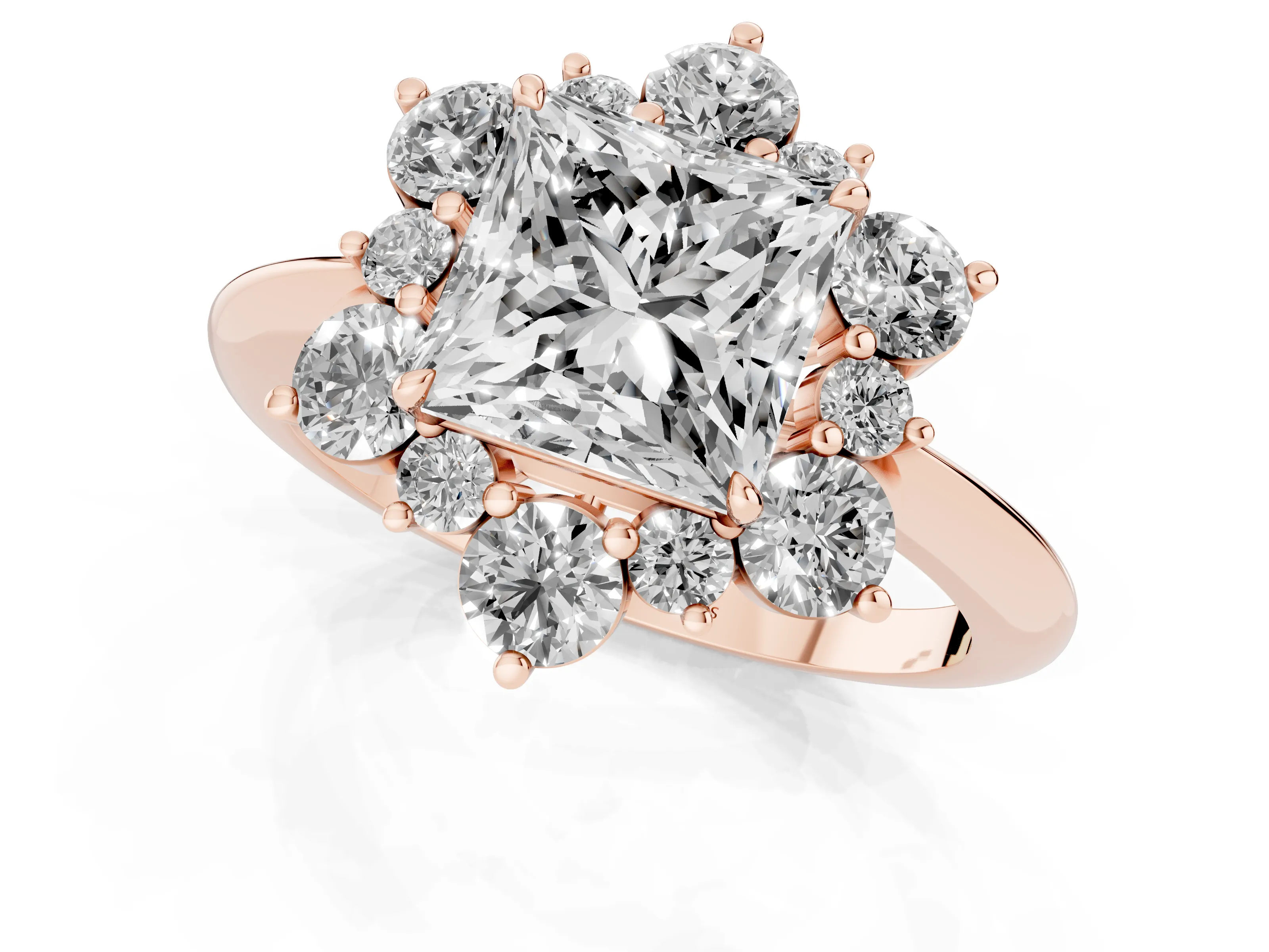 Princess Cut Diamond Cluster Halo Ring Set in Rose gold with Solitaire Band and Prong Setting