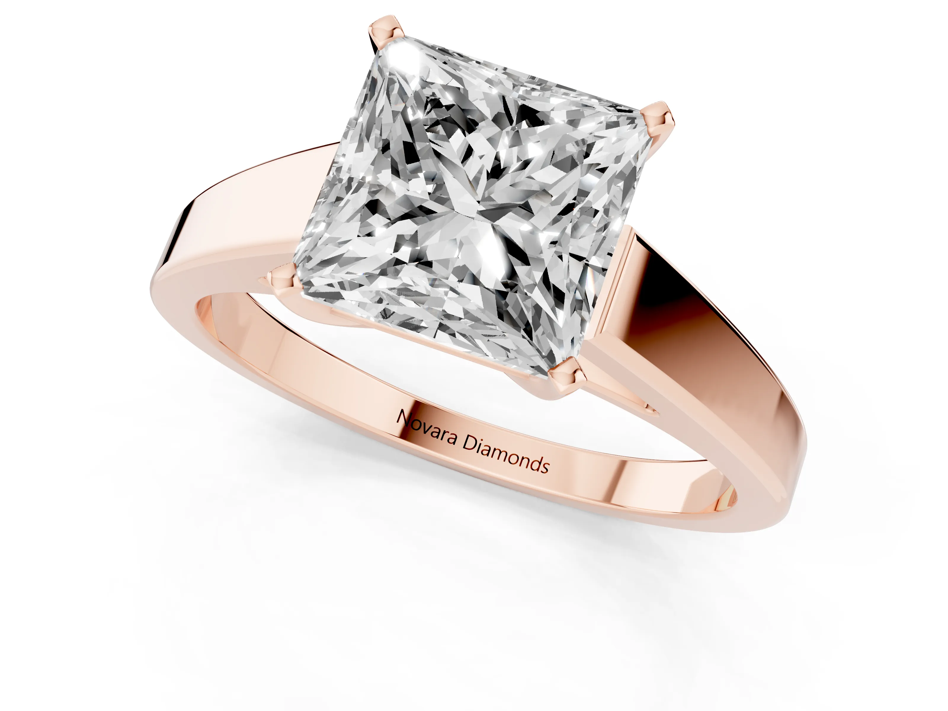 Princess Cut Diamond Solitaire Engagement Ring Set in Rose gold with Prong Setting and Tapered Band