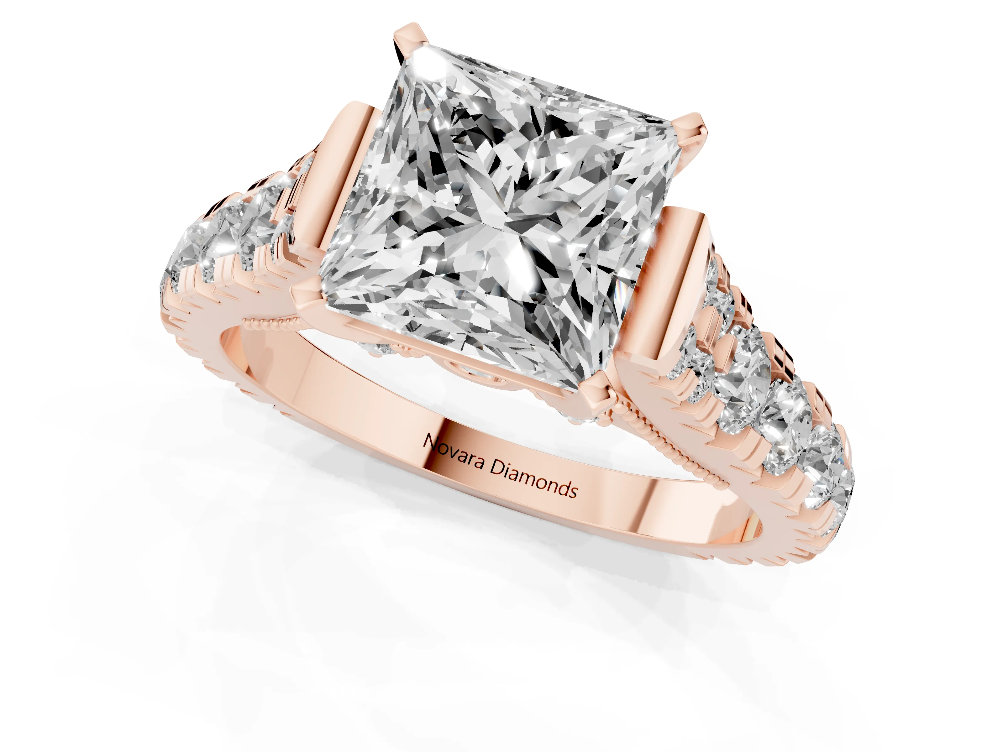Princess Cut Diamond Classic Solitaire Ring Set in Rose gold with Pavé Band and Prong Setting