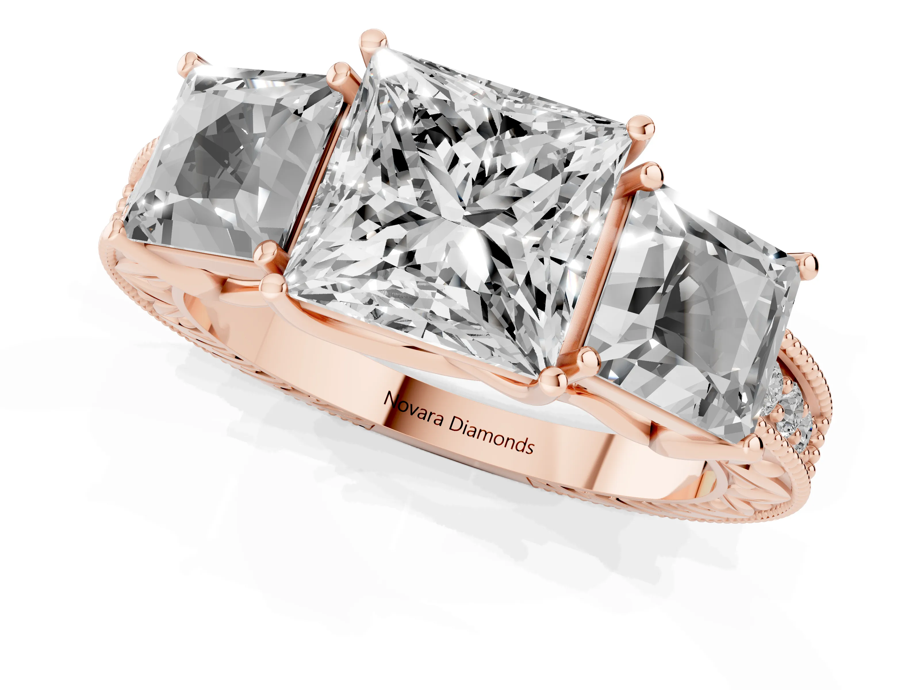Princess Cut Diamond Three-Stone Engagement Ring Set in Rose gold with Milgrain Pavé Band