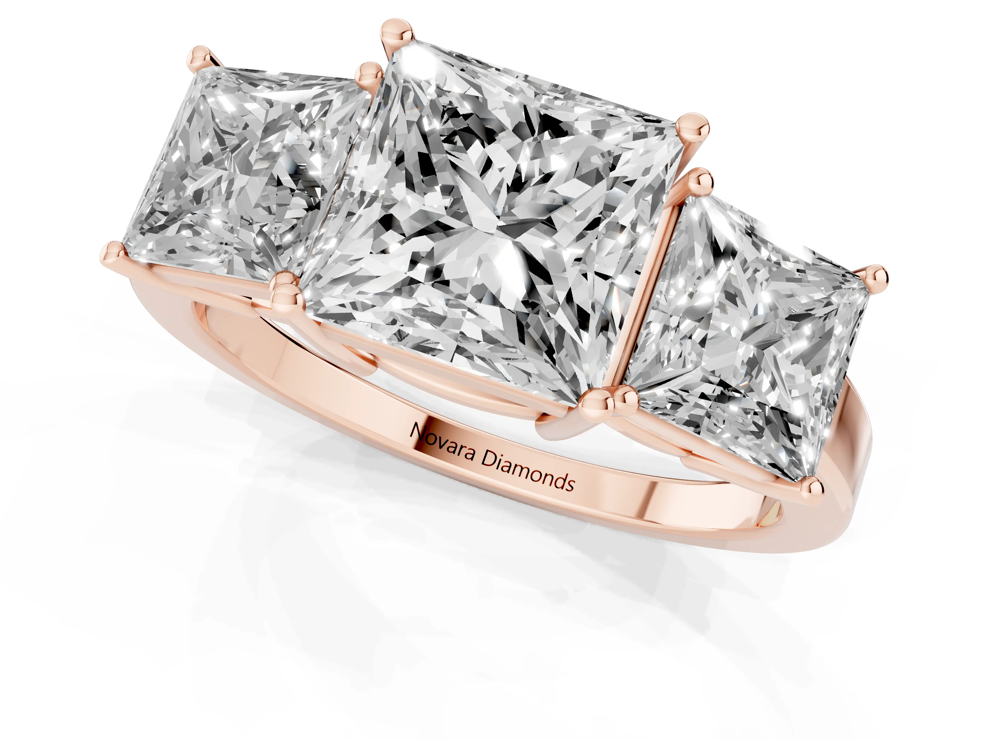 Princess Cut Diamond Three-Stone Engagement Ring Set in Rose gold with Flat Band