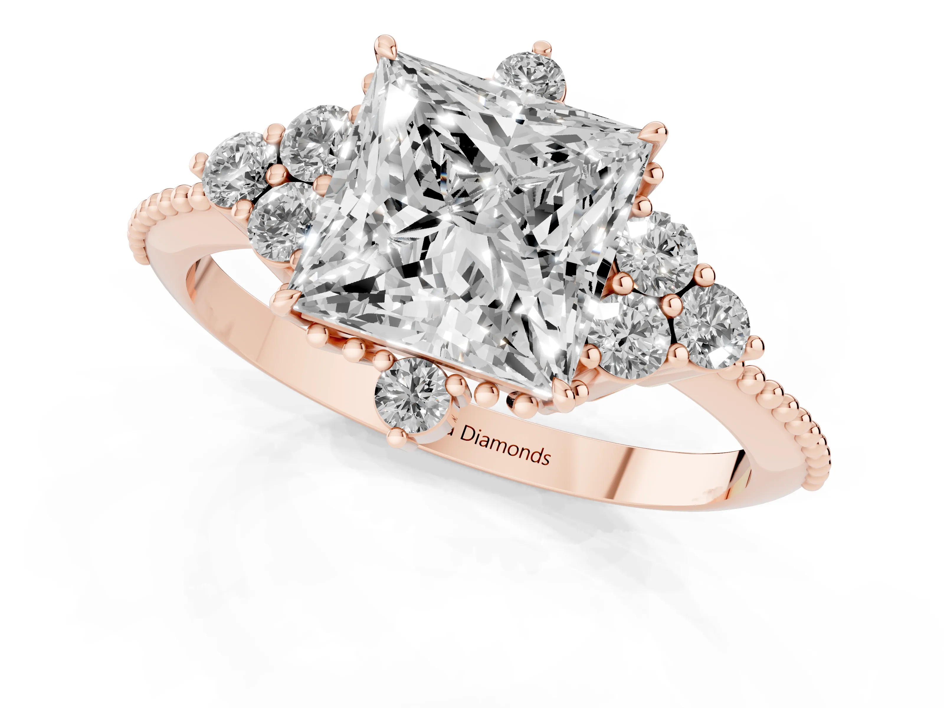 Princess Cut Diamond Cluster Ring Set in Rose gold with Beaded Band