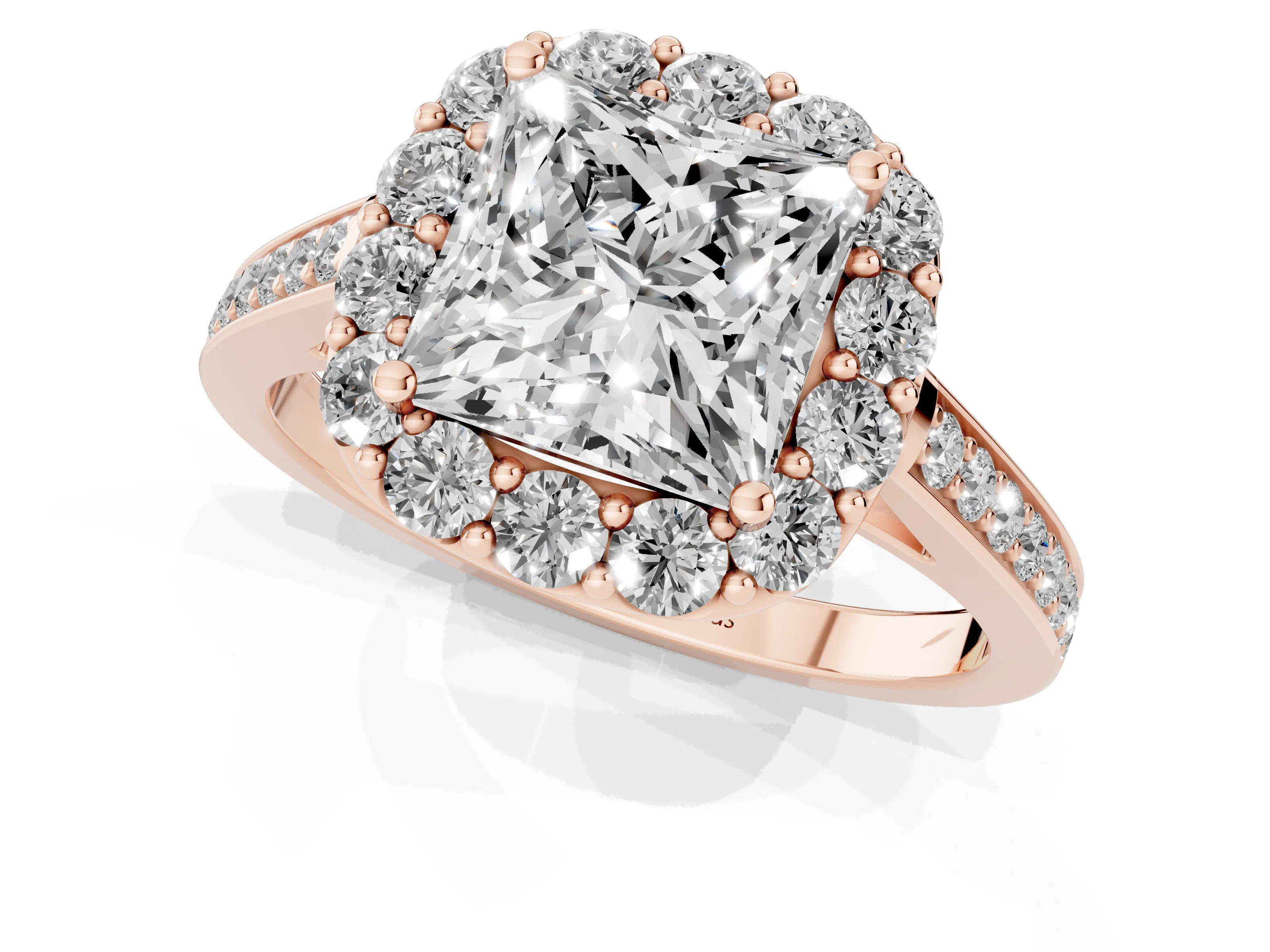 Princess Cut Diamond Floral Halo Ring Set in Rose gold with Pavé Band and Prong Setting