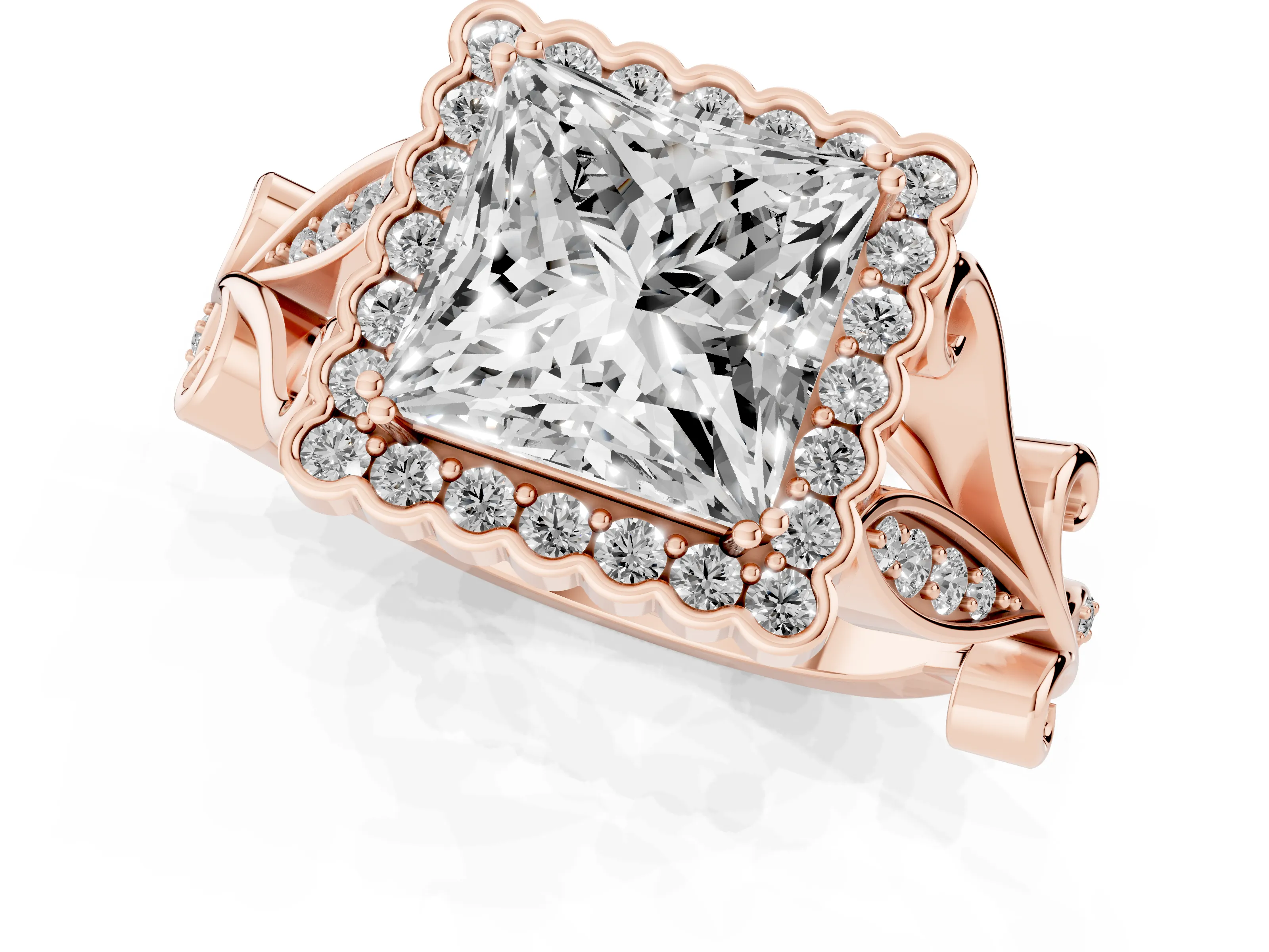Princess Cut Diamond Halo Ring Set in Rose gold with Leaf Motif Split Shank and Prong Setting