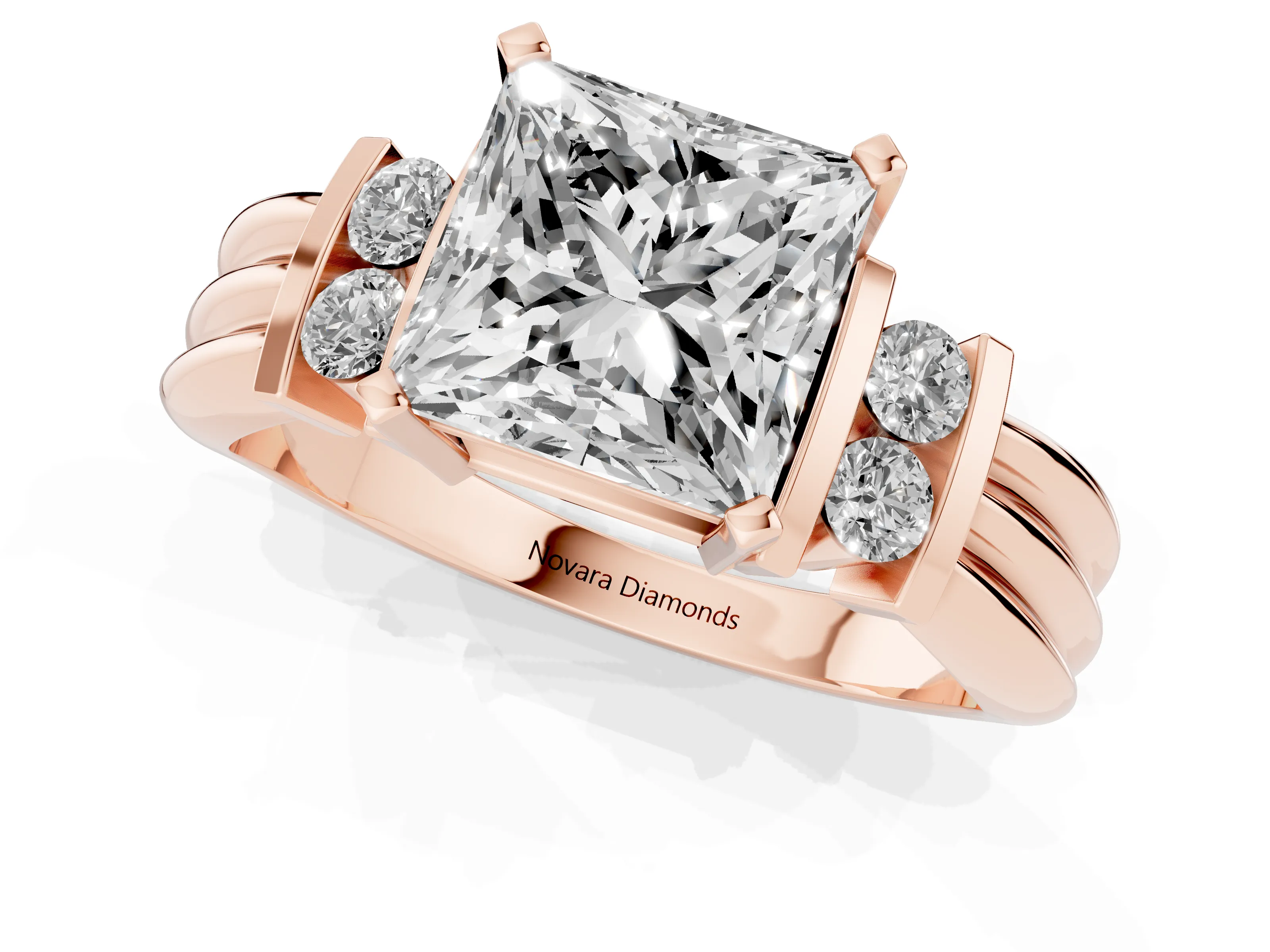 Three-Stone Princess Cut Diamond Channel Set Ring Set in Rose gold with Bar Prongs