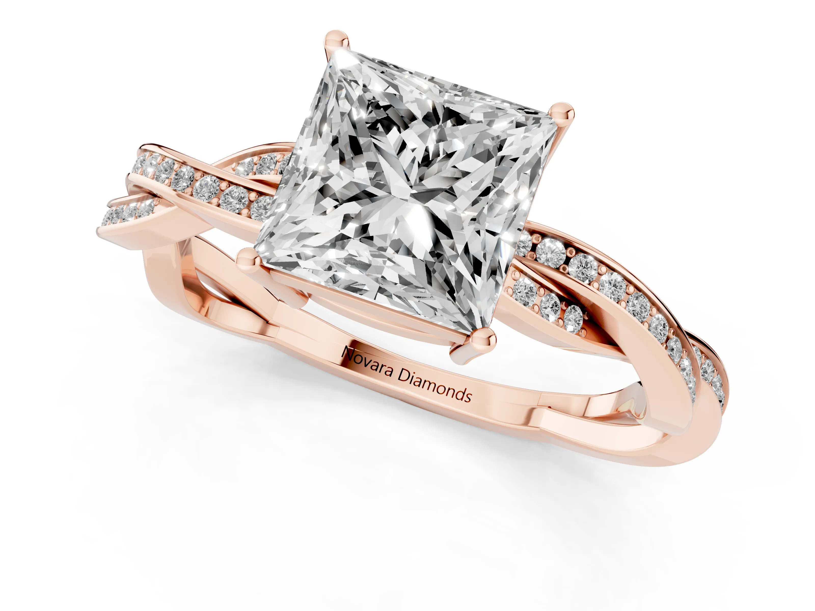 Princess Cut Diamond Solitaire Twisted Pavé Ring Set in Rose gold with Prong Setting