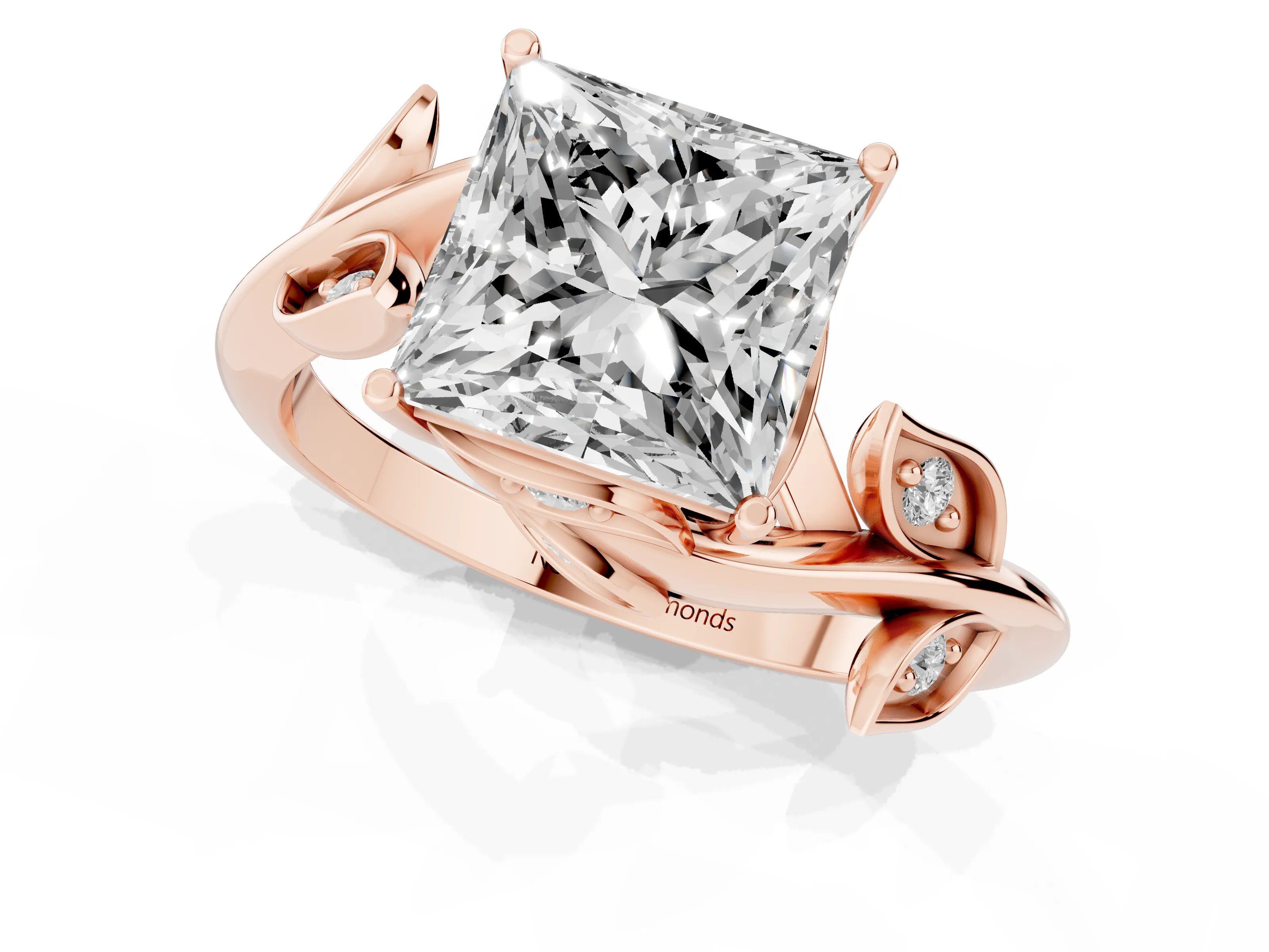 Princess Cut Diamond Solitaire Twist Engagement Ring Set in Rose gold with Pavé Leaf Accents