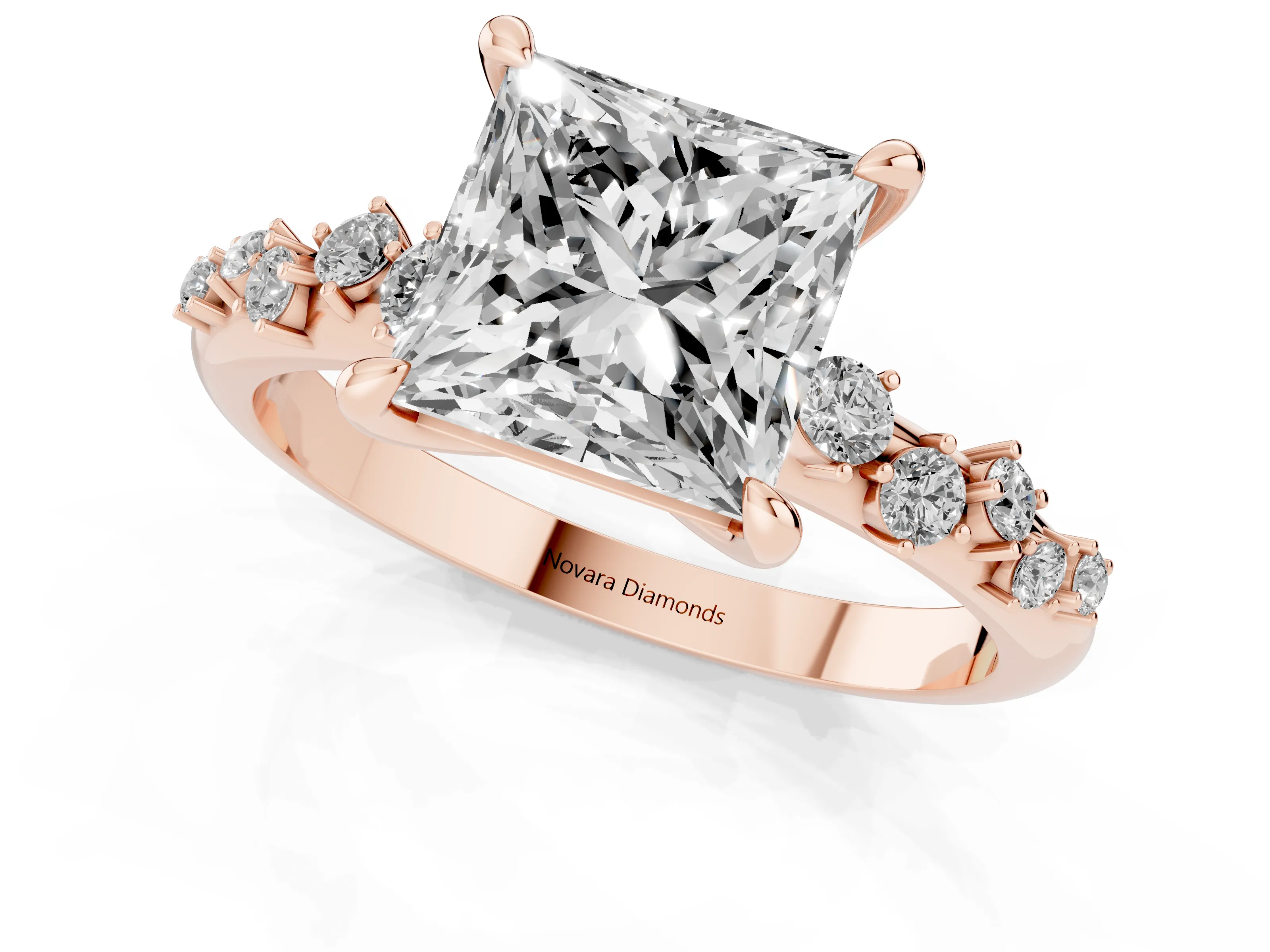 Princess Cut Diamond Solitaire Vine Band Ring Set in Rose gold with Round Accents and Prong Setting – second view