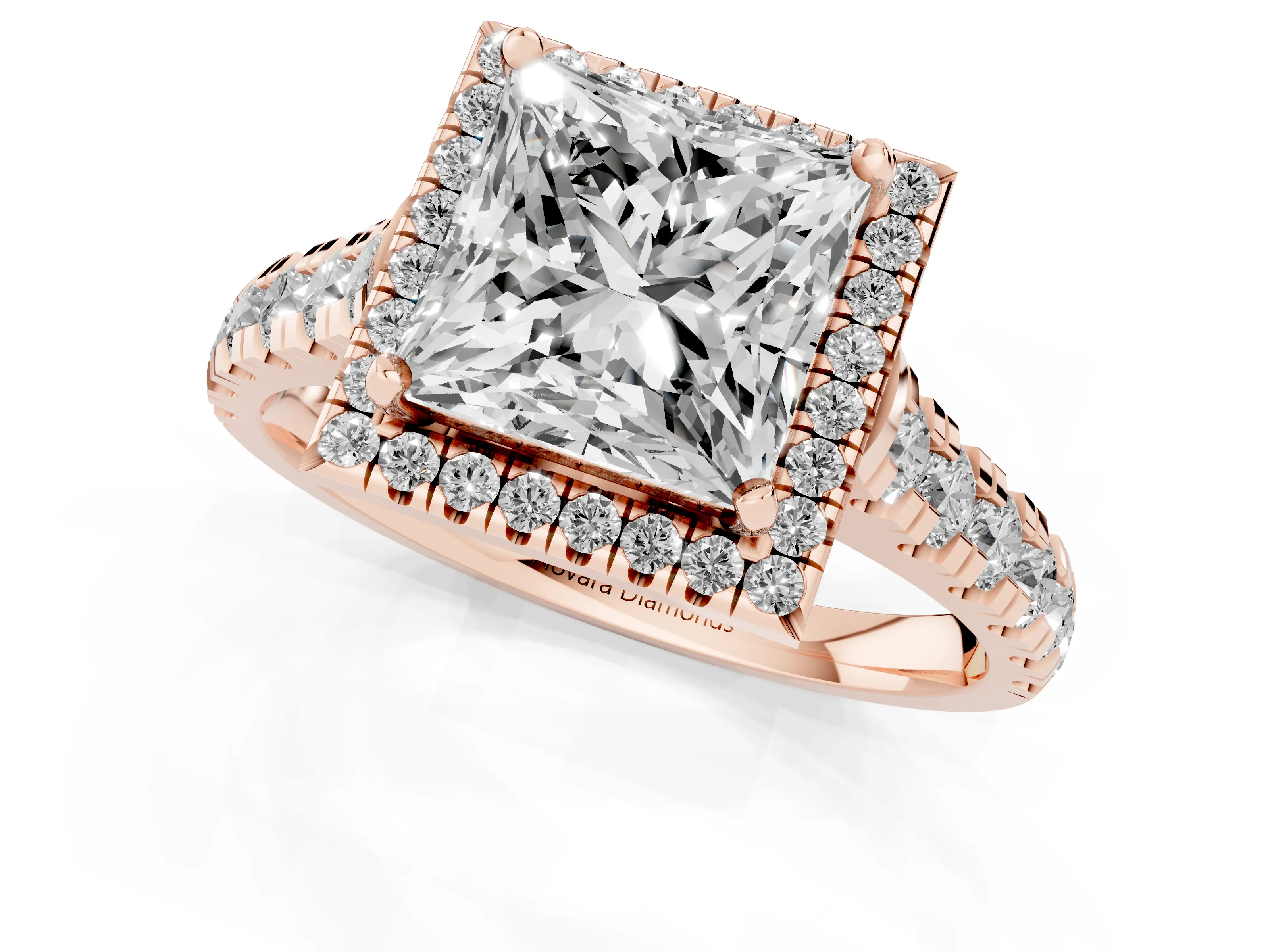 Princess Cut Diamond Halo Engagement Ring Set in Rose gold with Pavé Band and Prong-Set Center