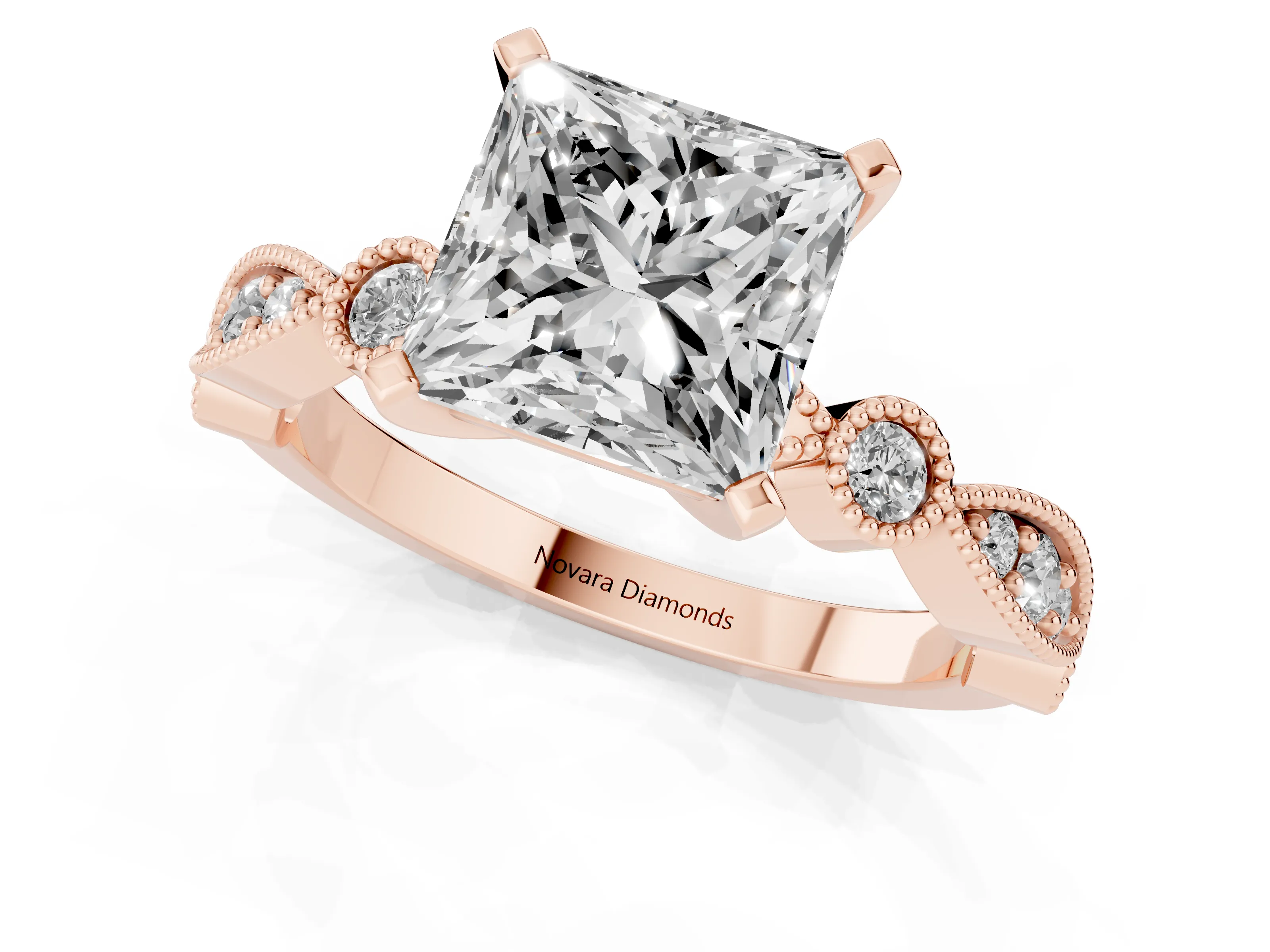 Princess Cut Diamond Solitaire Engagement Ring Set in Rose gold with Milgrain Bezel Accent Band