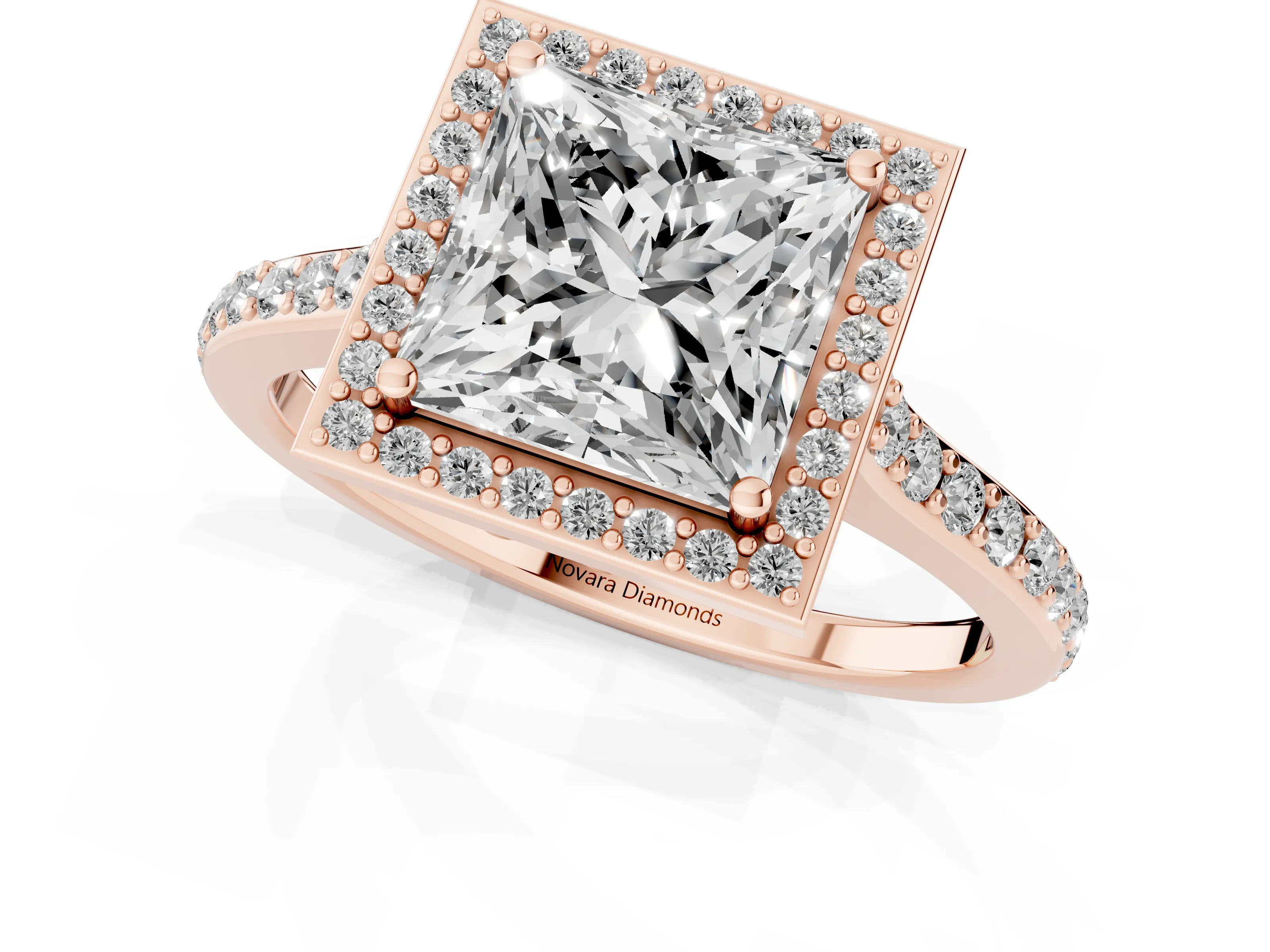 Princess Cut Diamond Halo Engagement Ring Set in Rose gold with Round Pavé Shoulders and Heart Gallery
