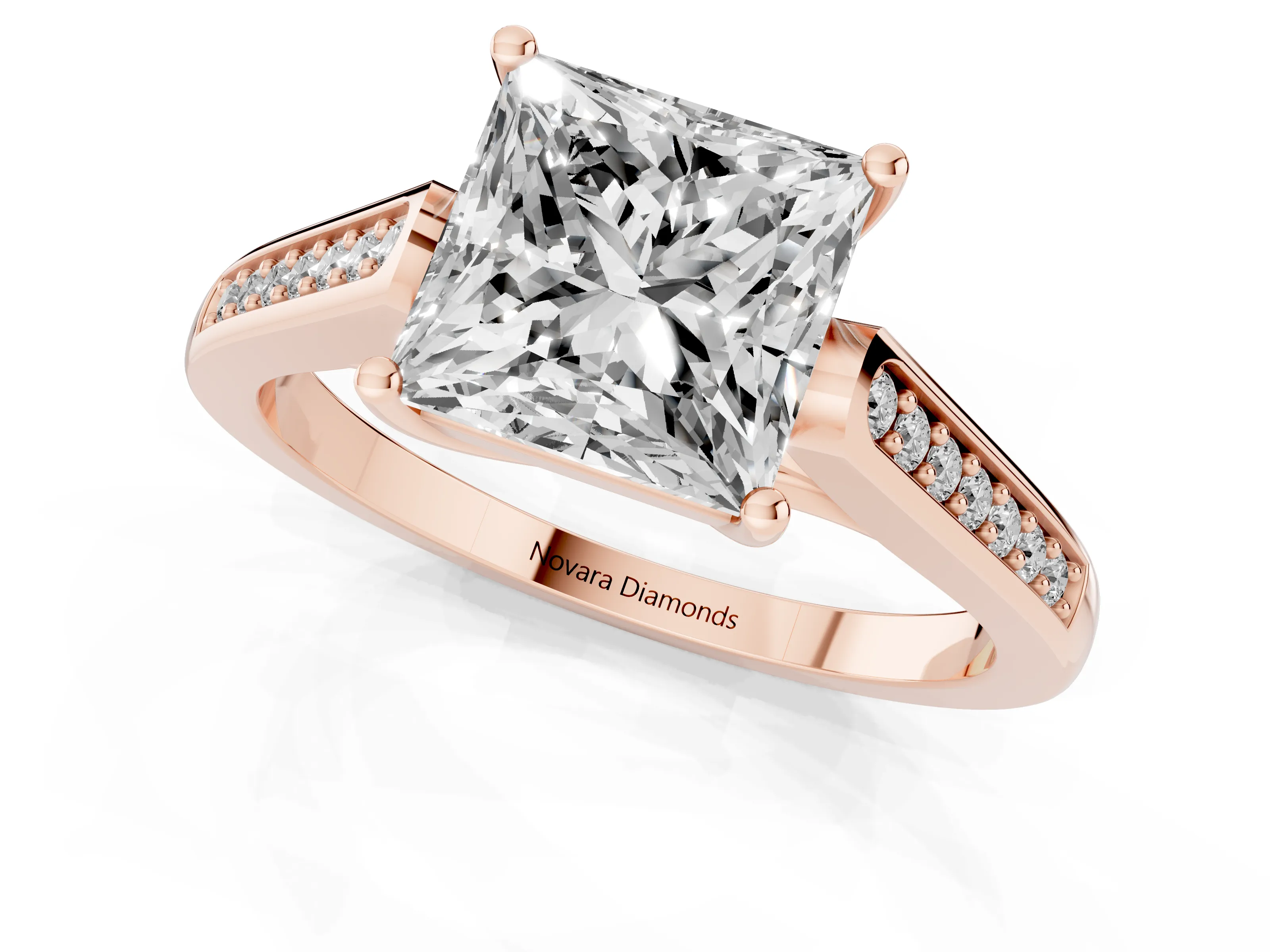 Princess Cut Diamond Solitaire Cathedral Engagement Ring Set in Rose gold with Channel-Set Band and Prong Setting