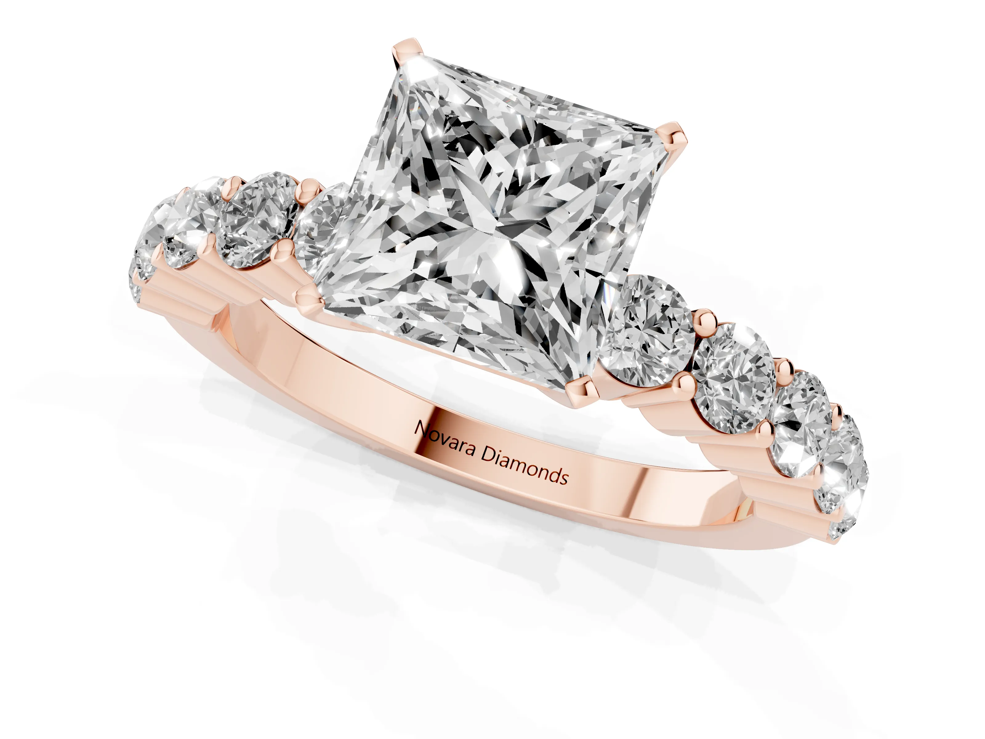 Princess Cut Diamond Solitaire Ring Set in Rose gold with Shared Prong Round Side Stones