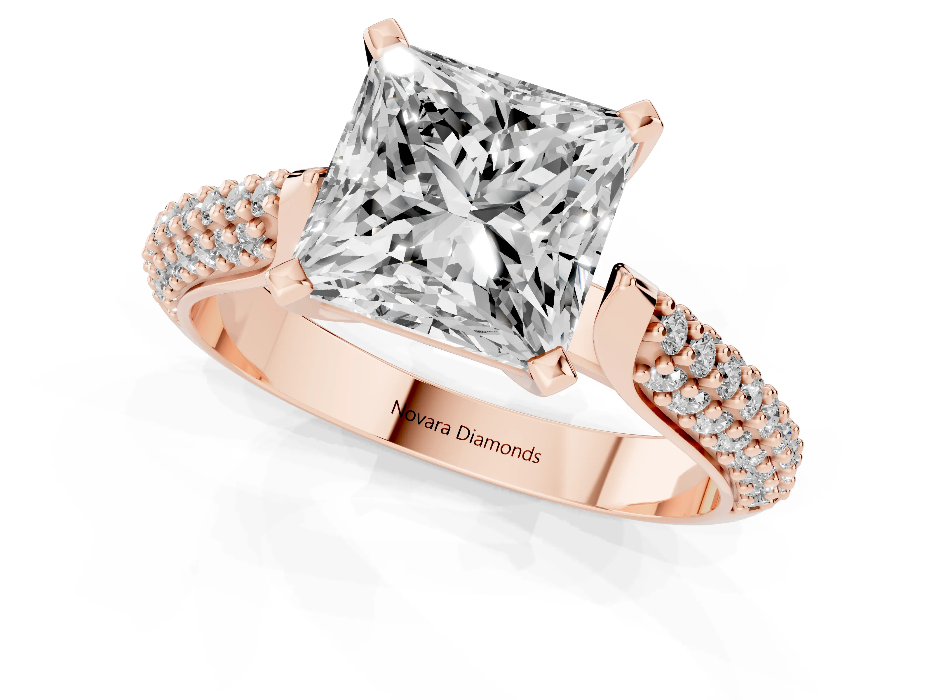 Princess Cut Diamond Solitaire Engagement Ring Set in Rose gold with Multi-Row Round Pavé Band and Prong Setting