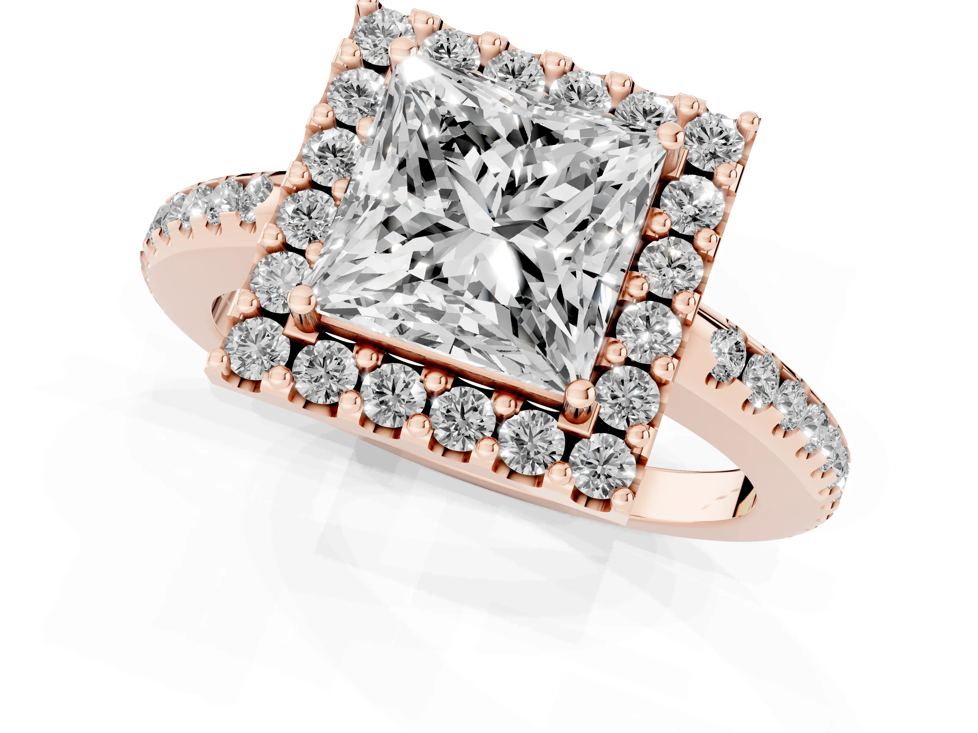 Princess Cut Diamond Pavé Halo Ring Set in Rose gold with Prong Setting