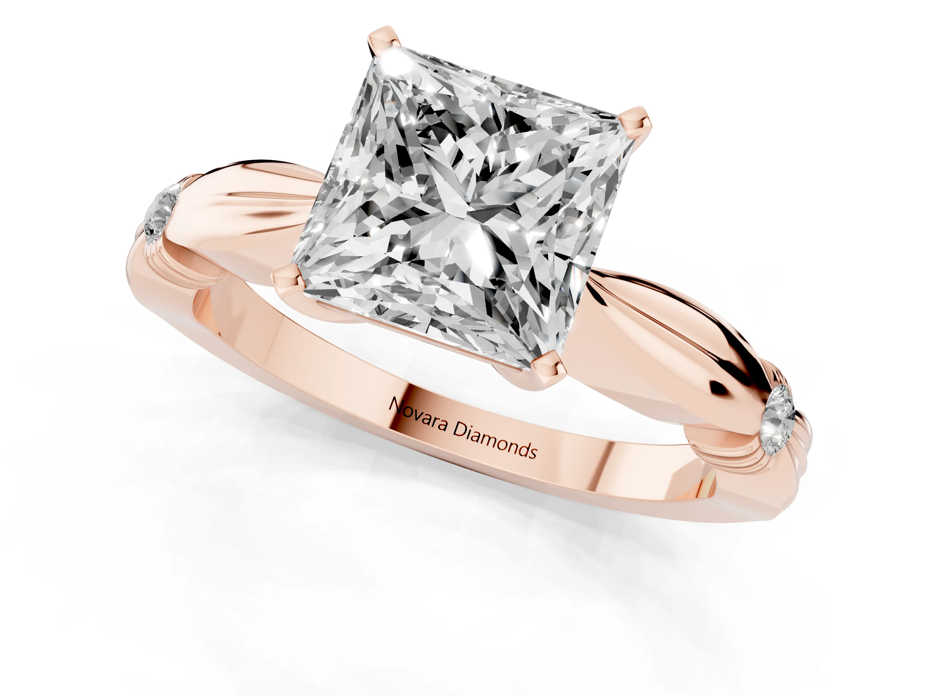 Princess Cut Diamond Solitaire Twisted Band Ring Set in Rose gold with Accent Stones and Prong Setting