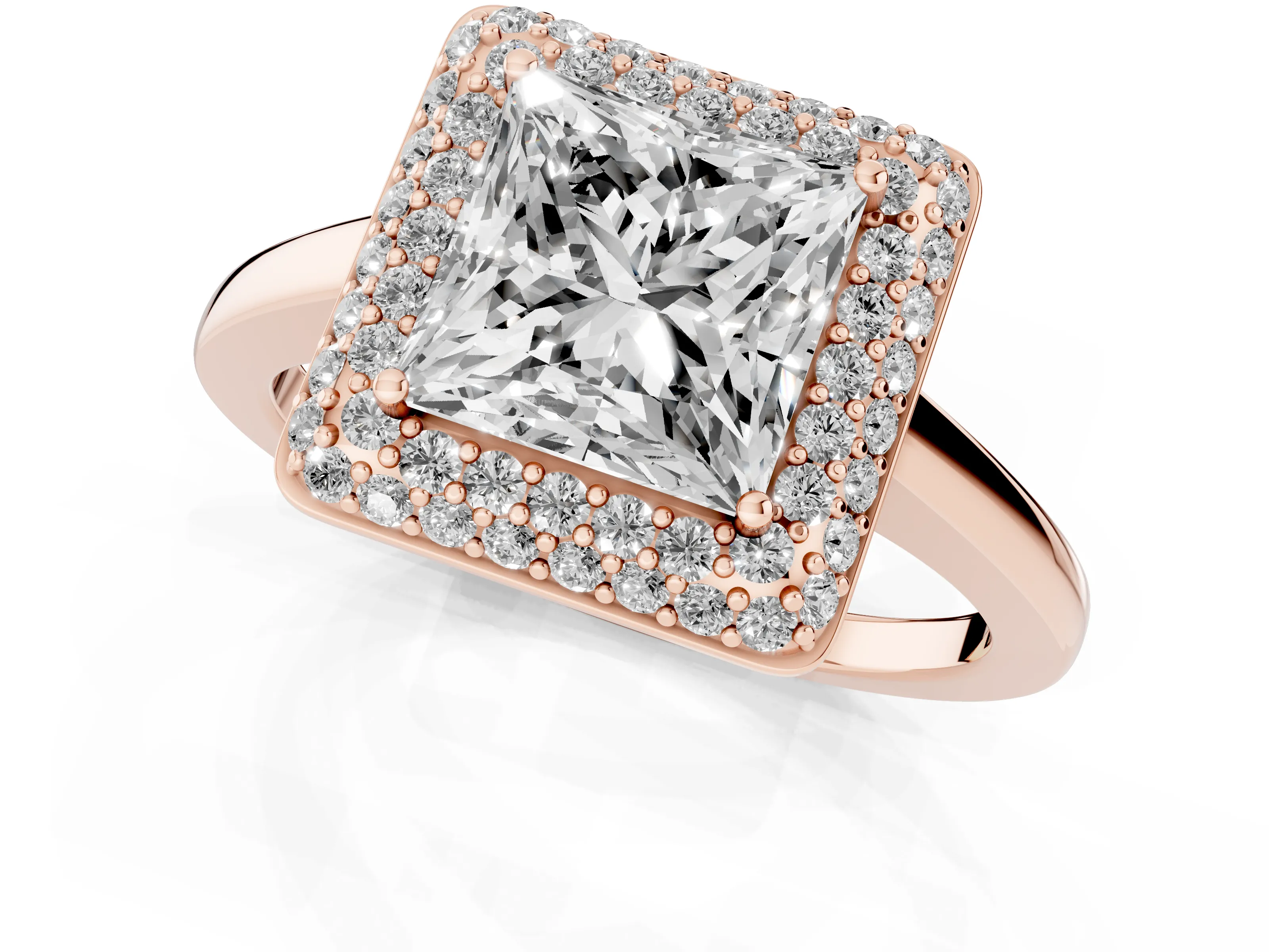 Princess Cut Diamond Halo Engagement Ring Set in Rose gold with Solitaire Band and Prong Setting
