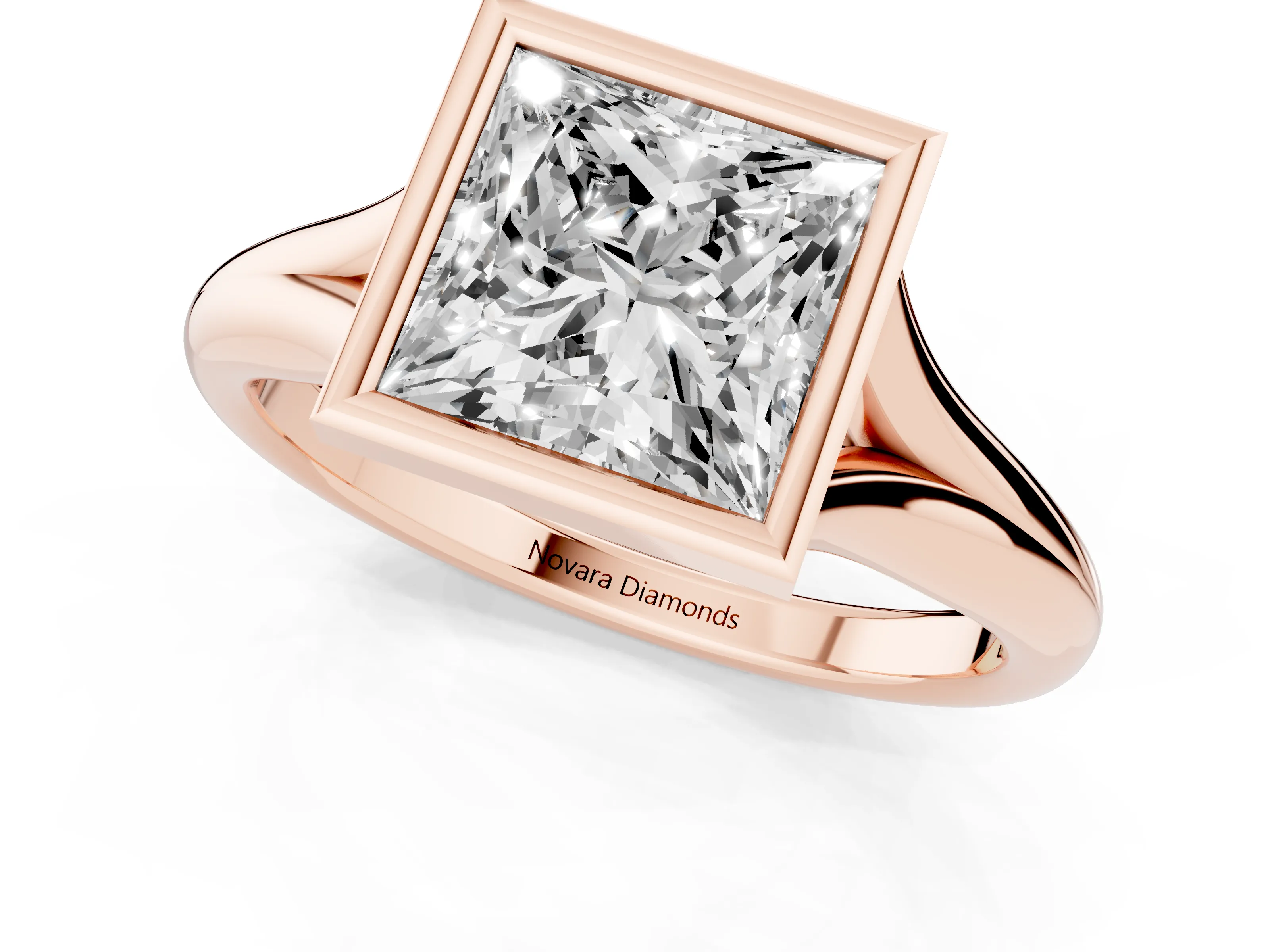 Bezel Set Princess Cut Diamond Solitaire Ring Set in Rose gold with Smooth Band