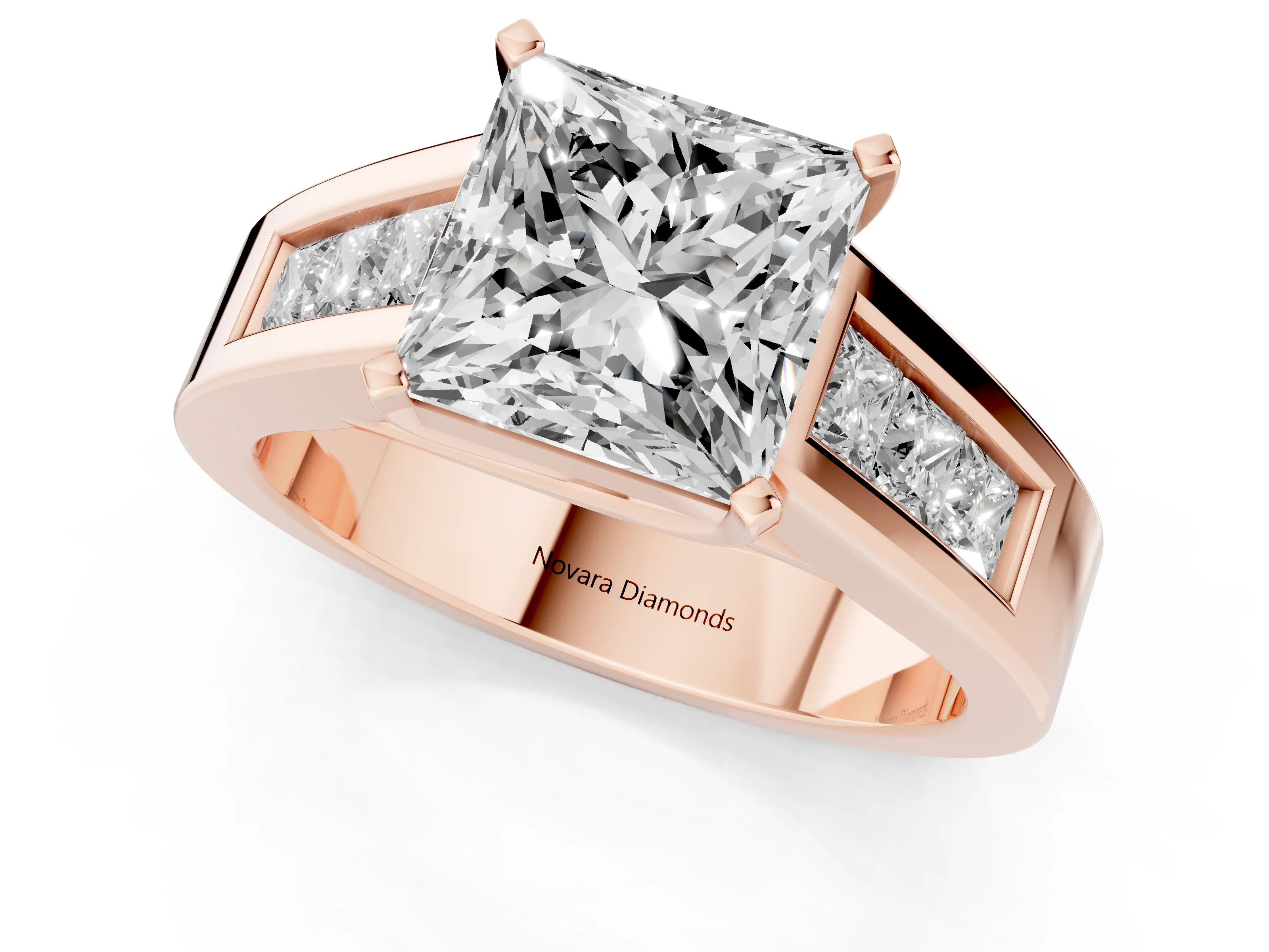 Princess Cut Diamond Solitaire Ring Set in Rose gold with Channel-Set Accent Stones and Prong Setting