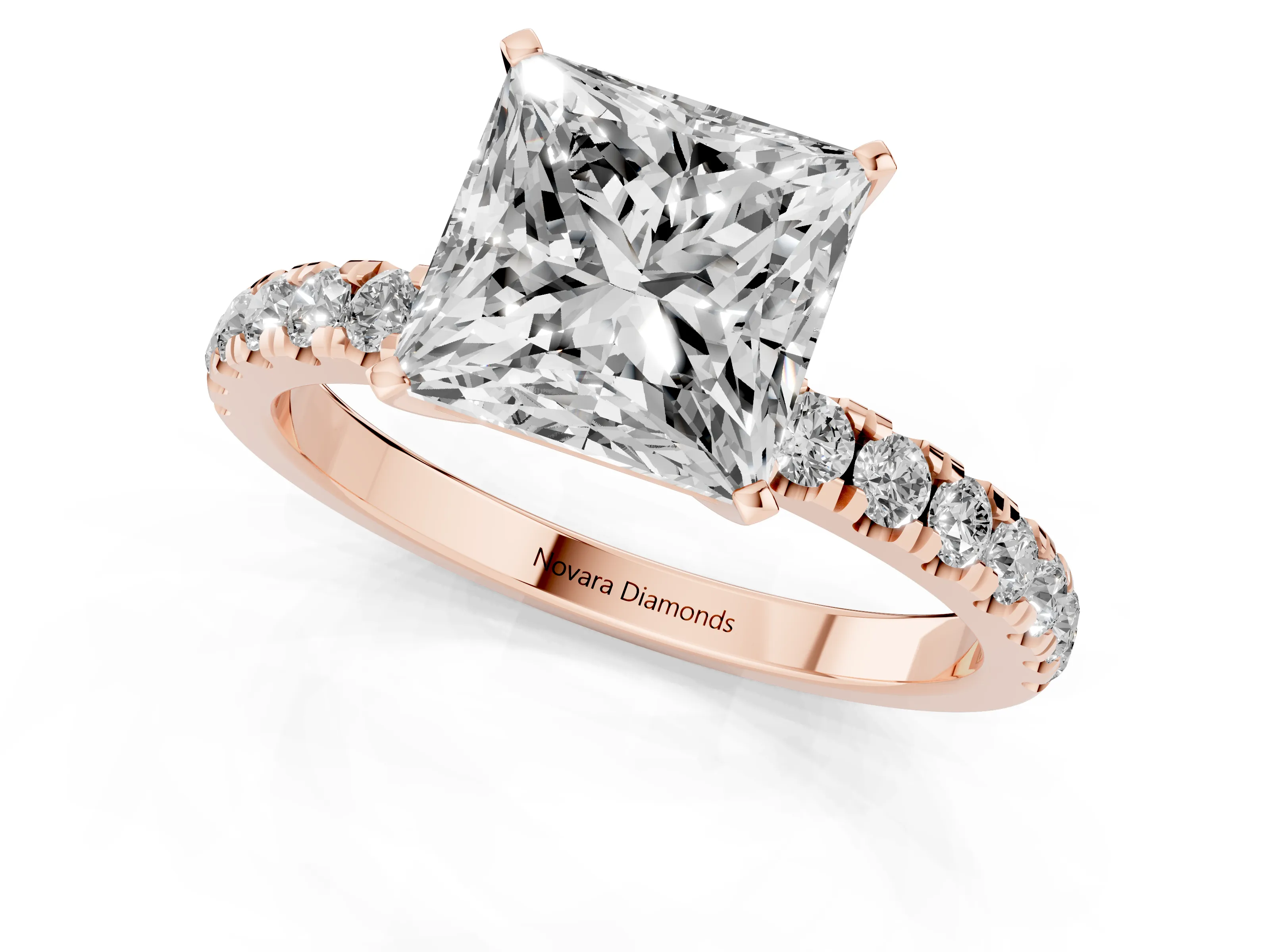 Princess Cut Diamond Solitaire Ring Set in Rose gold with Pavé Accents and Prong Setting