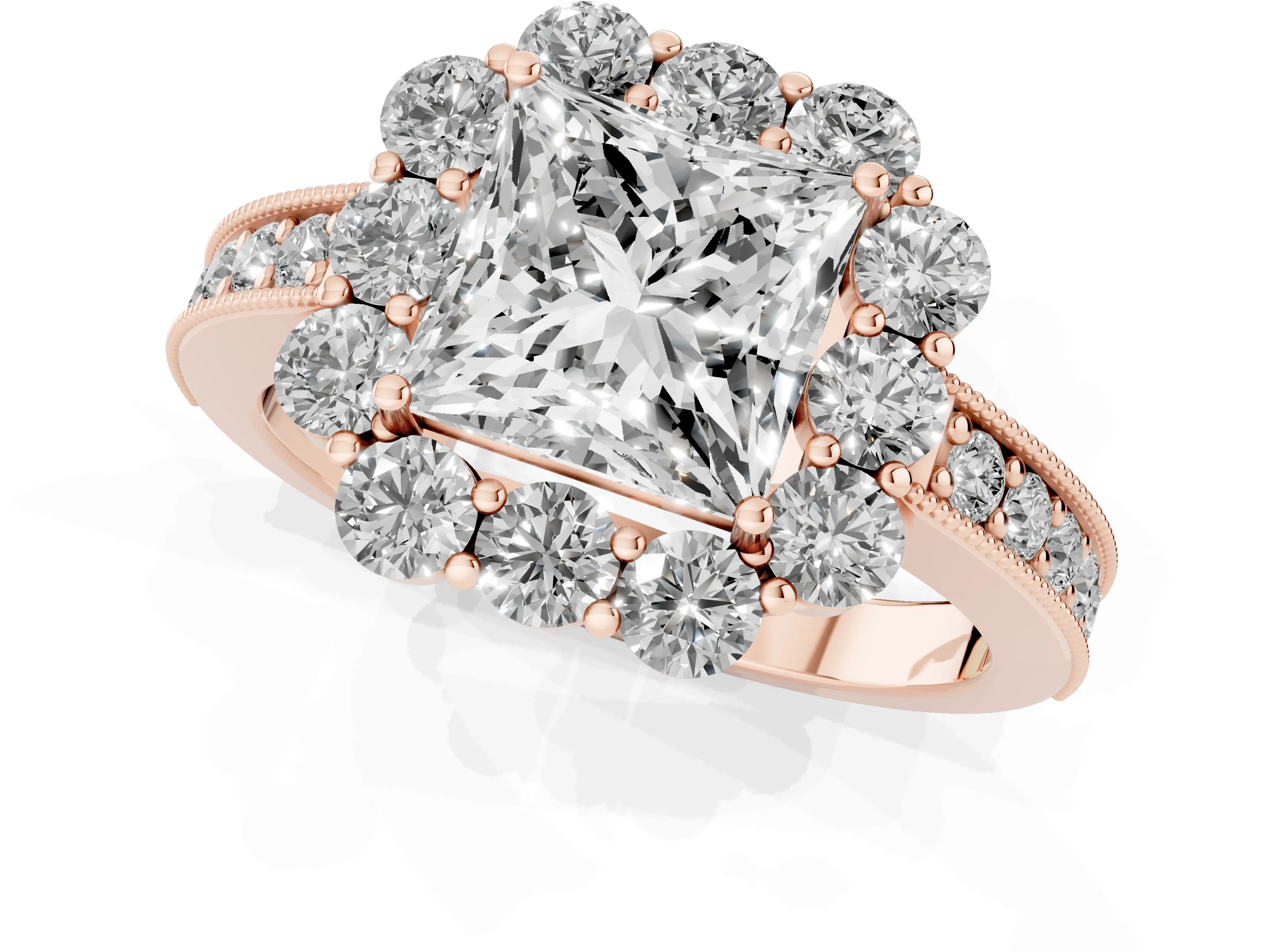 Princess Cut Diamond Halo Pavé Engagement Ring Set in Rose gold with Milgrain Detailing