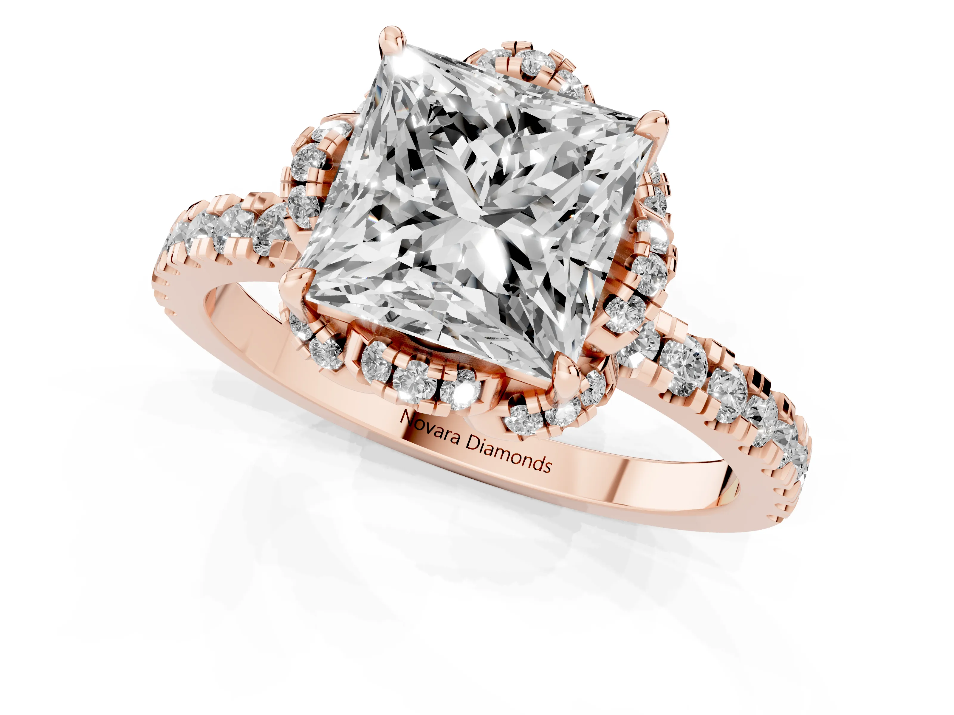 Princess Cut Diamond Halo Pavé Band Ring Set in Rose gold with Prong-Held Center