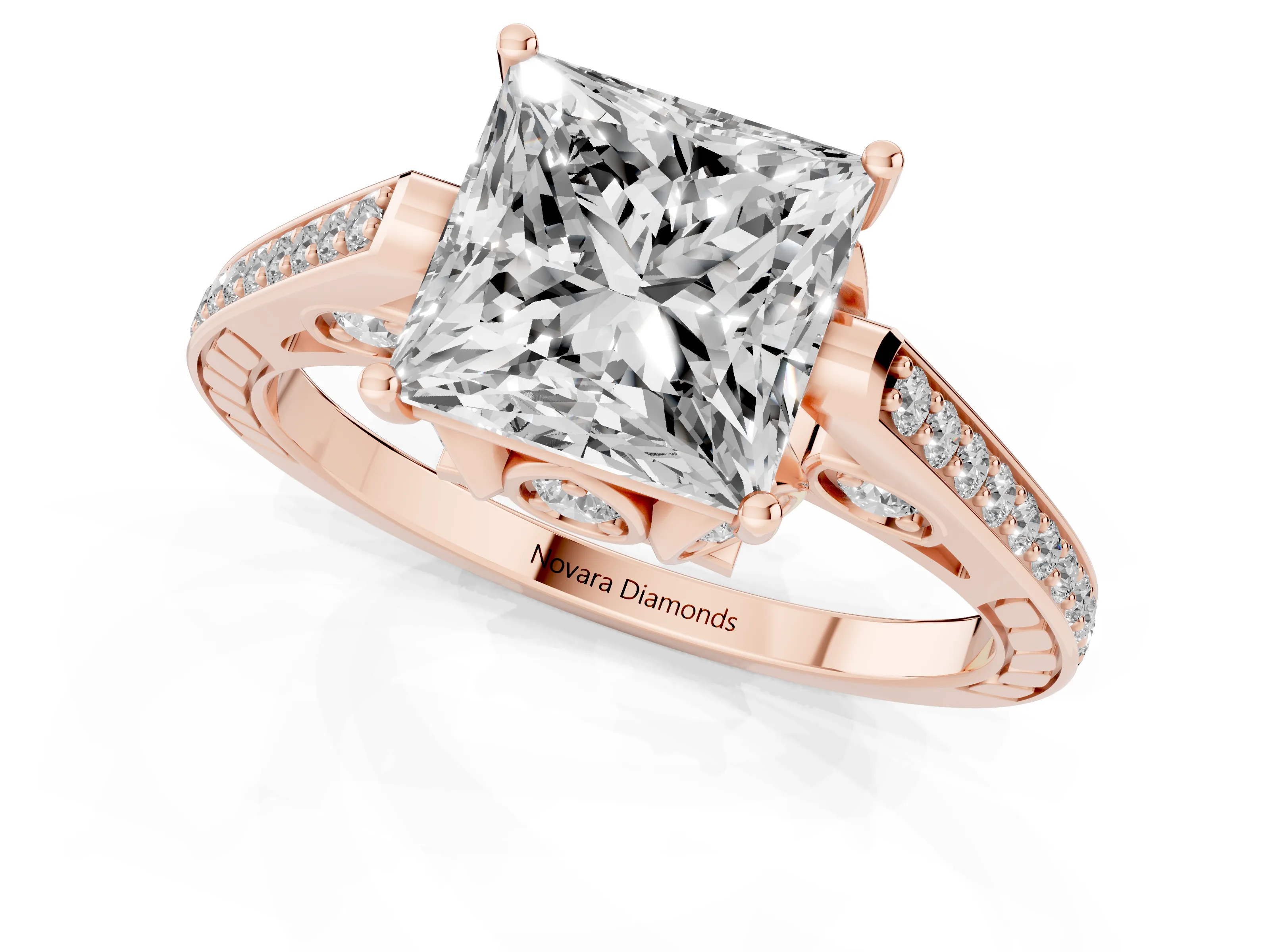 Princess Cut Diamond Cathedral Pavé Engagement Ring Set in Rose gold with Prong Setting