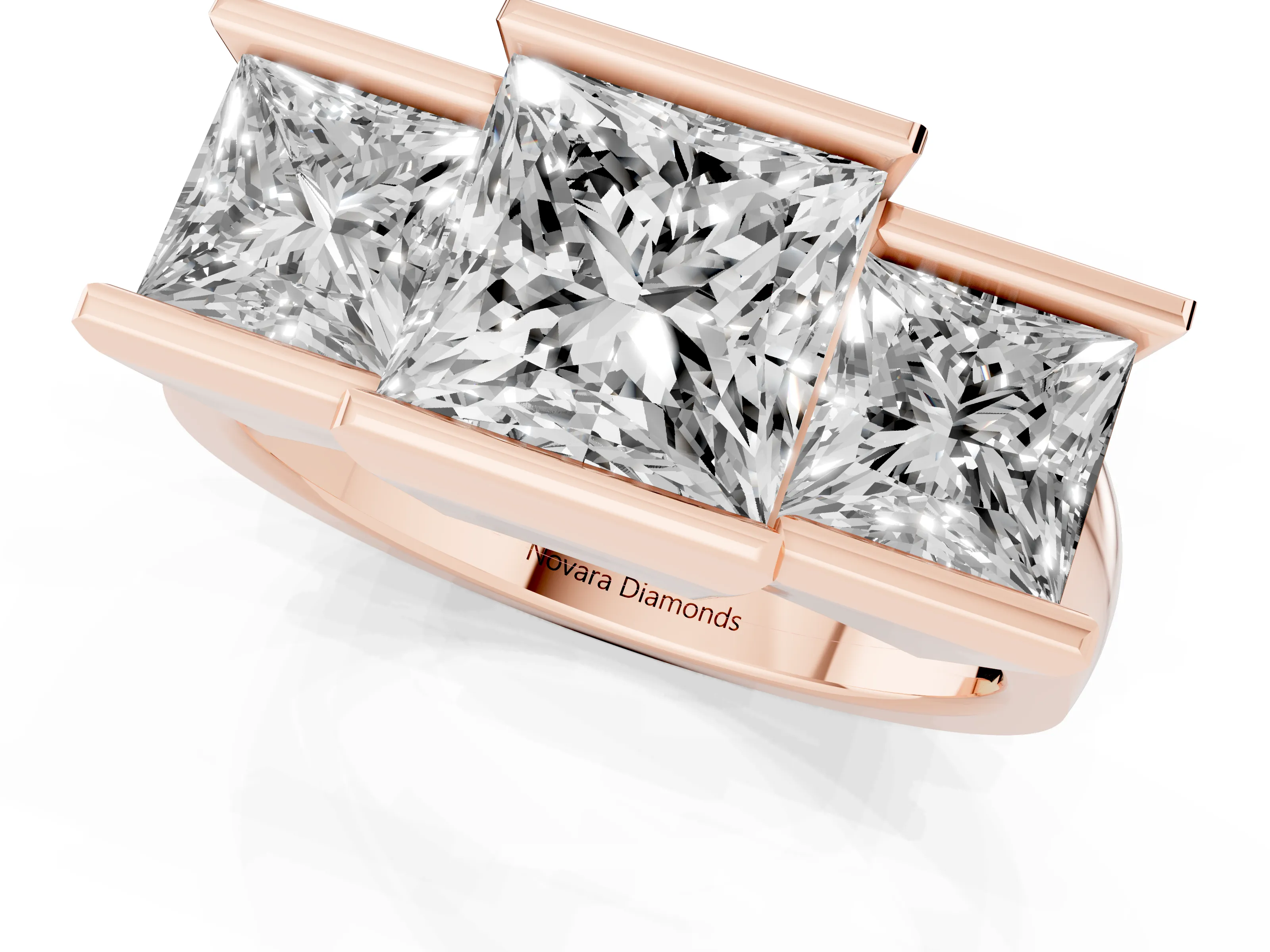 Princess Cut Diamond Three-Stone Channel Set Ring Set in Rose gold with Smooth Polished Band