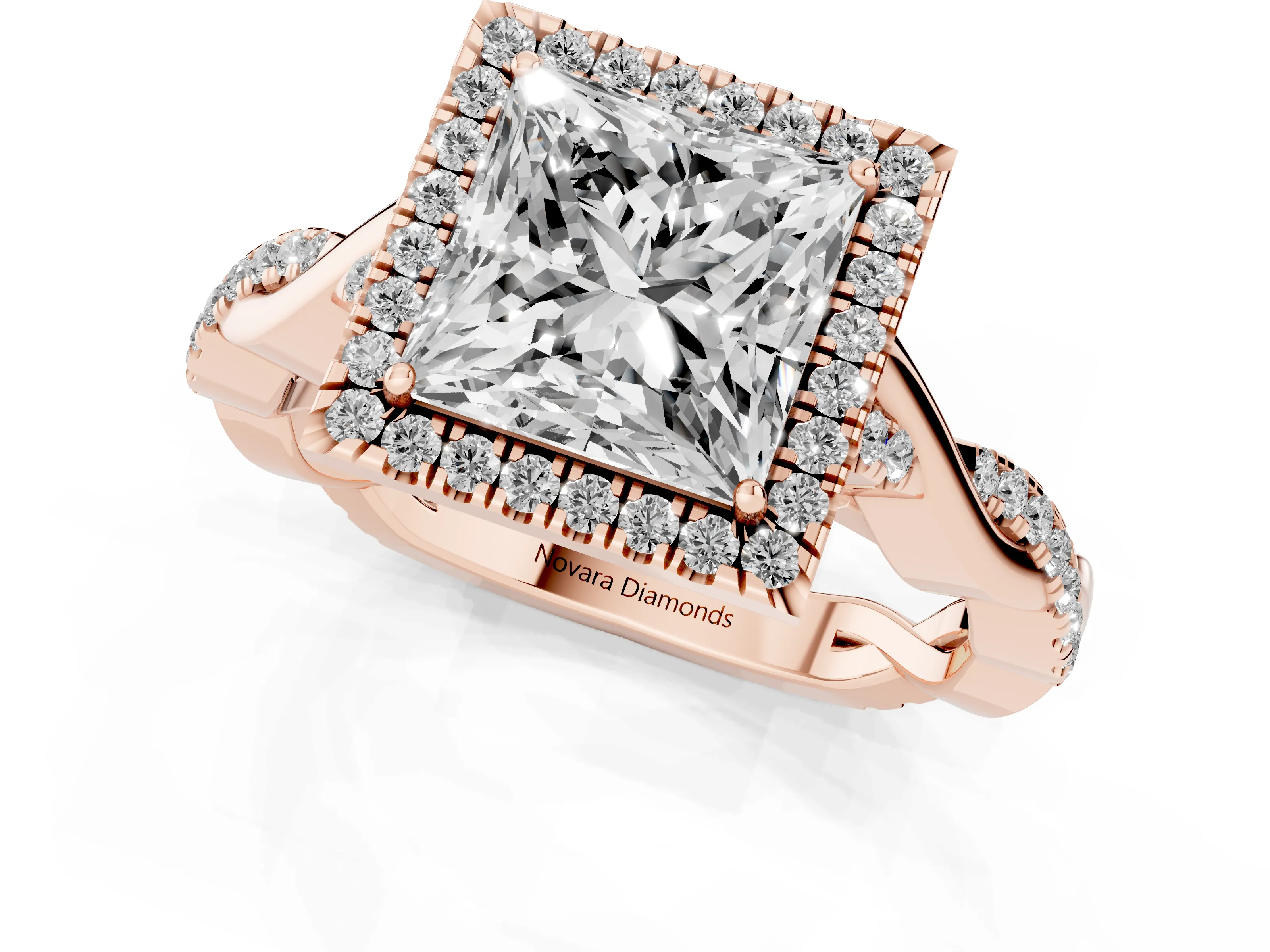 Princess Cut Diamond Halo Twist Band Solitaire Ring Set in Rose gold with Prong Setting