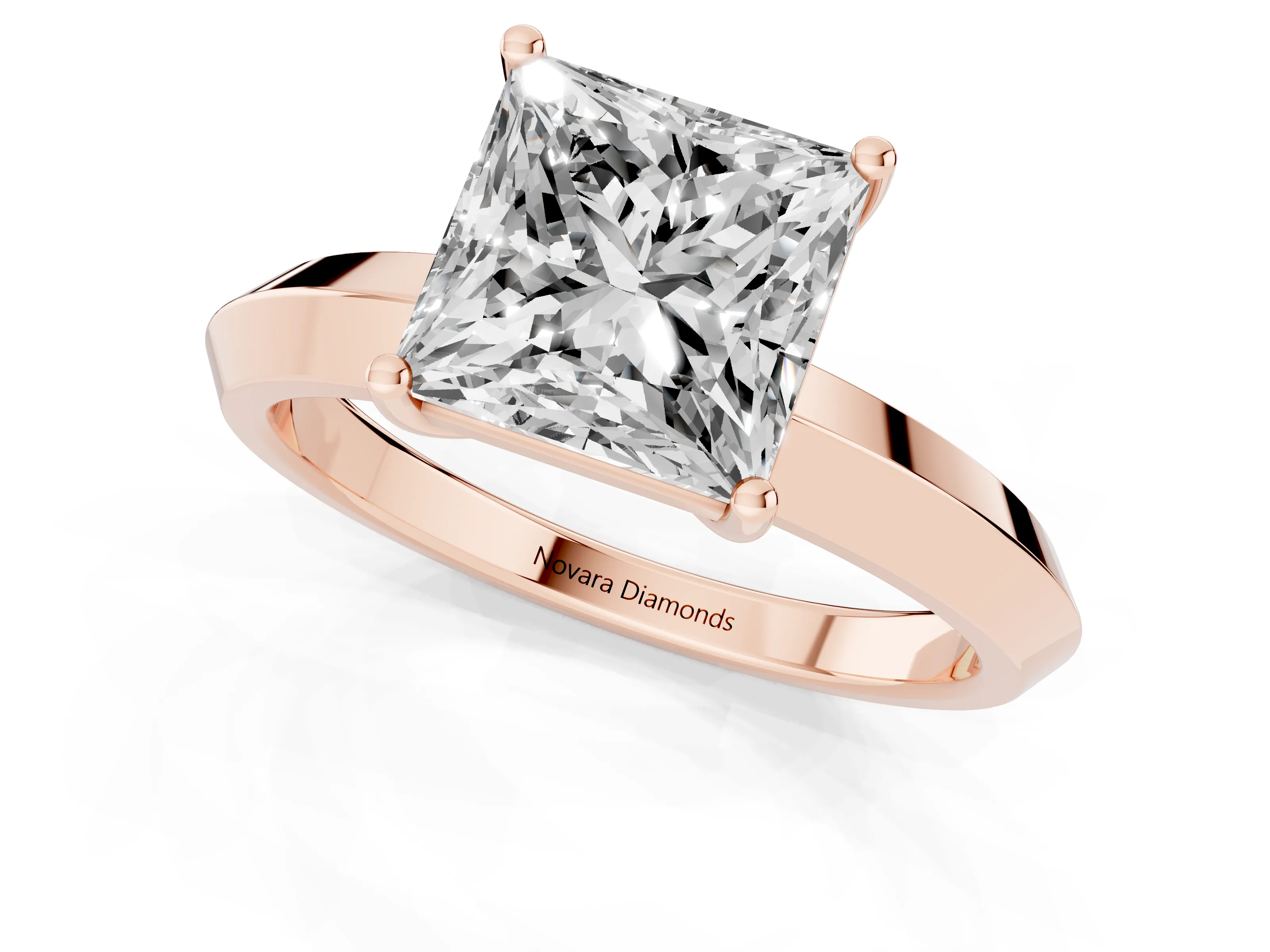 Princess Cut Diamond Solitaire Engagement Ring Set in Rose gold with Flat Band and Prong Setting