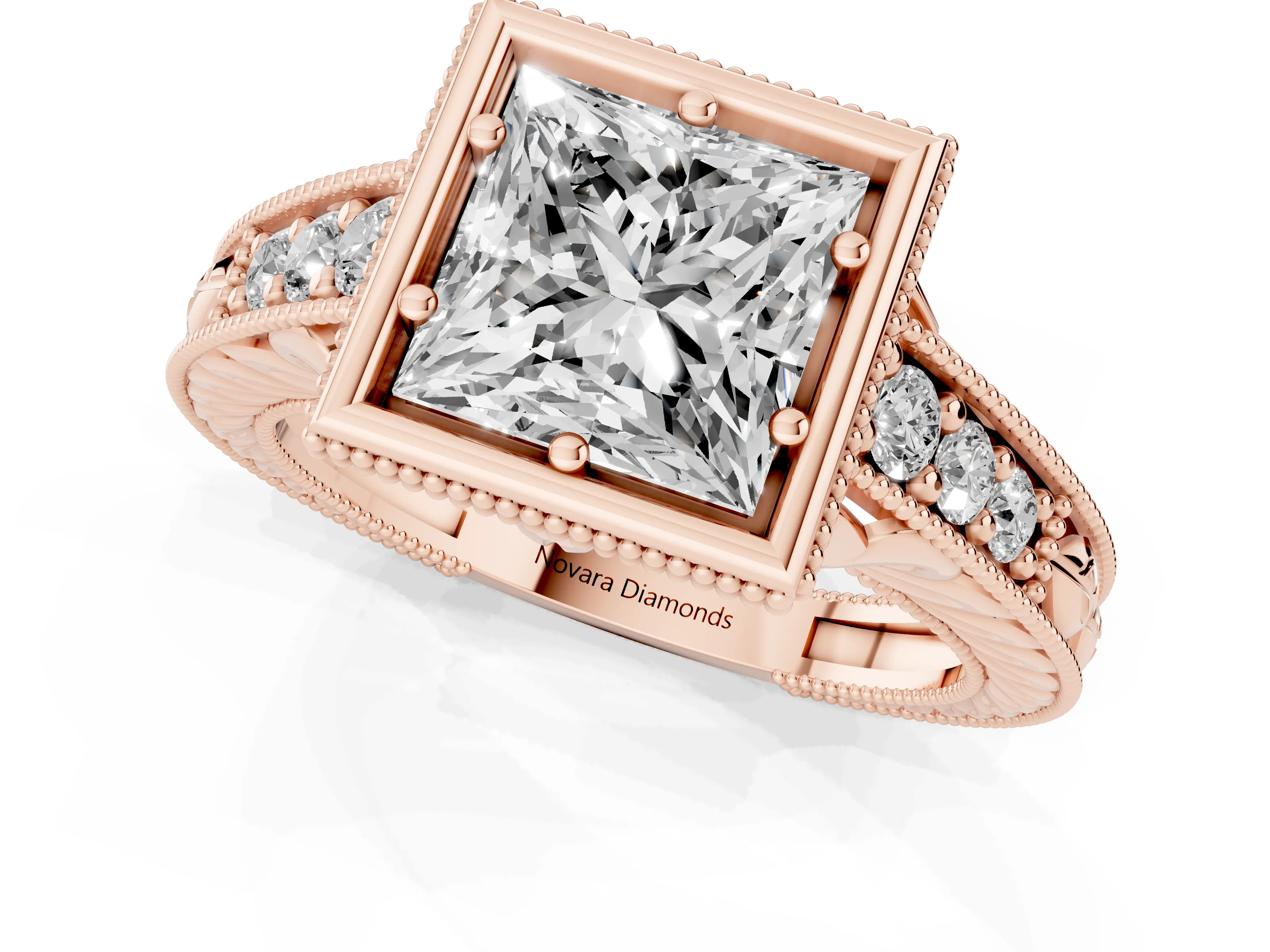 Bezel Set Princess Cut Diamond Milgrain Pavé Engagement Ring Set in Rose gold