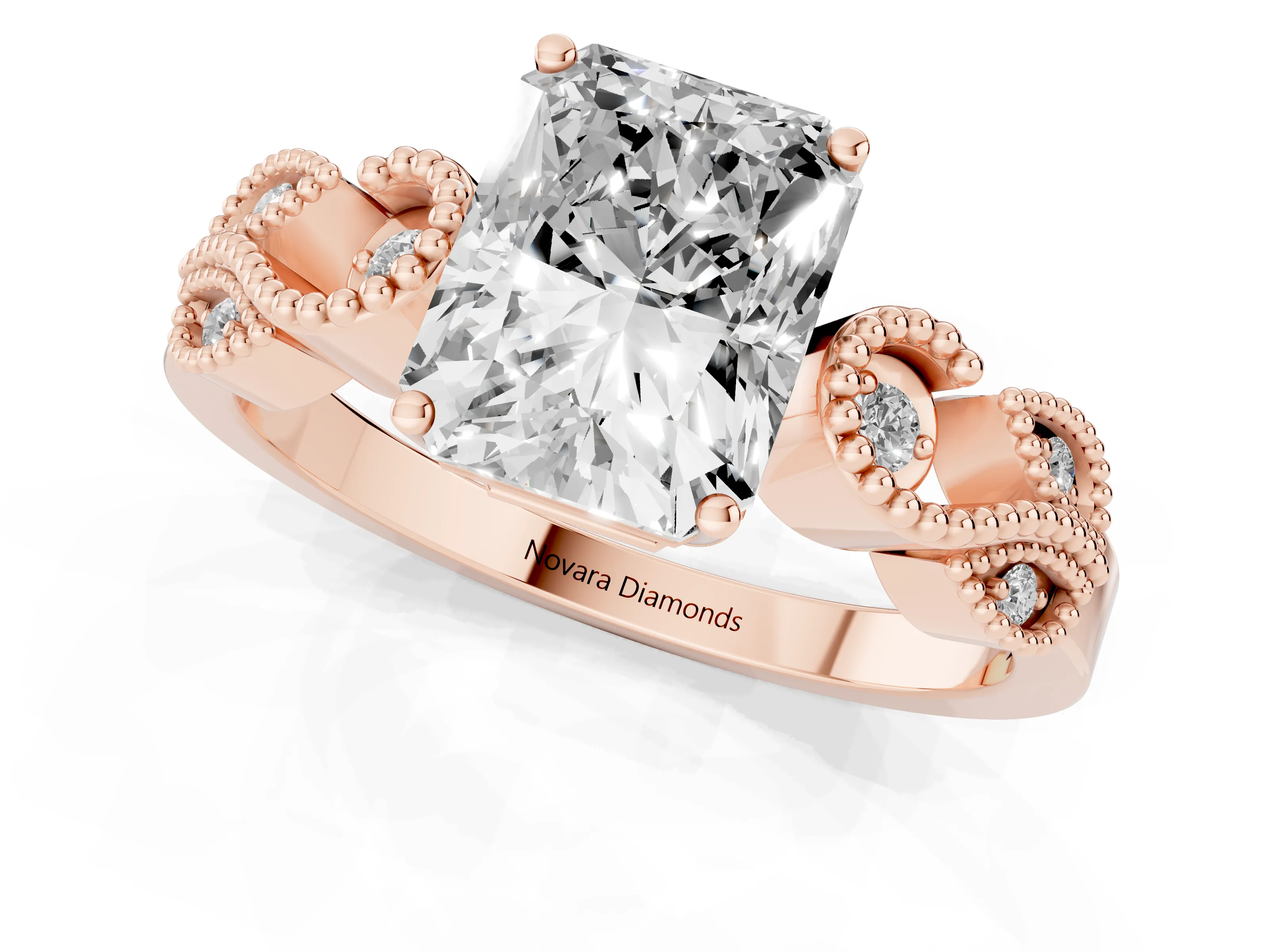 Princess Cut Diamond Milgrain Leaf Band Solitaire Ring Set in Rose gold with Accent Stones and Prong Setting