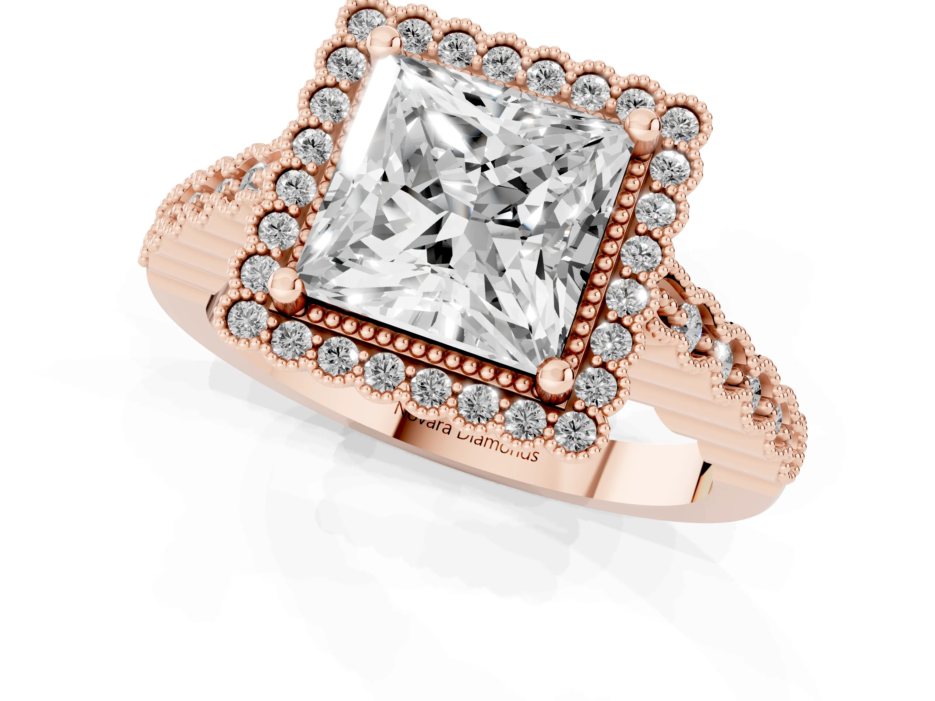 Princess Cut Diamond Halo Ring Set in Rose gold with Pavé Milgrain Band
