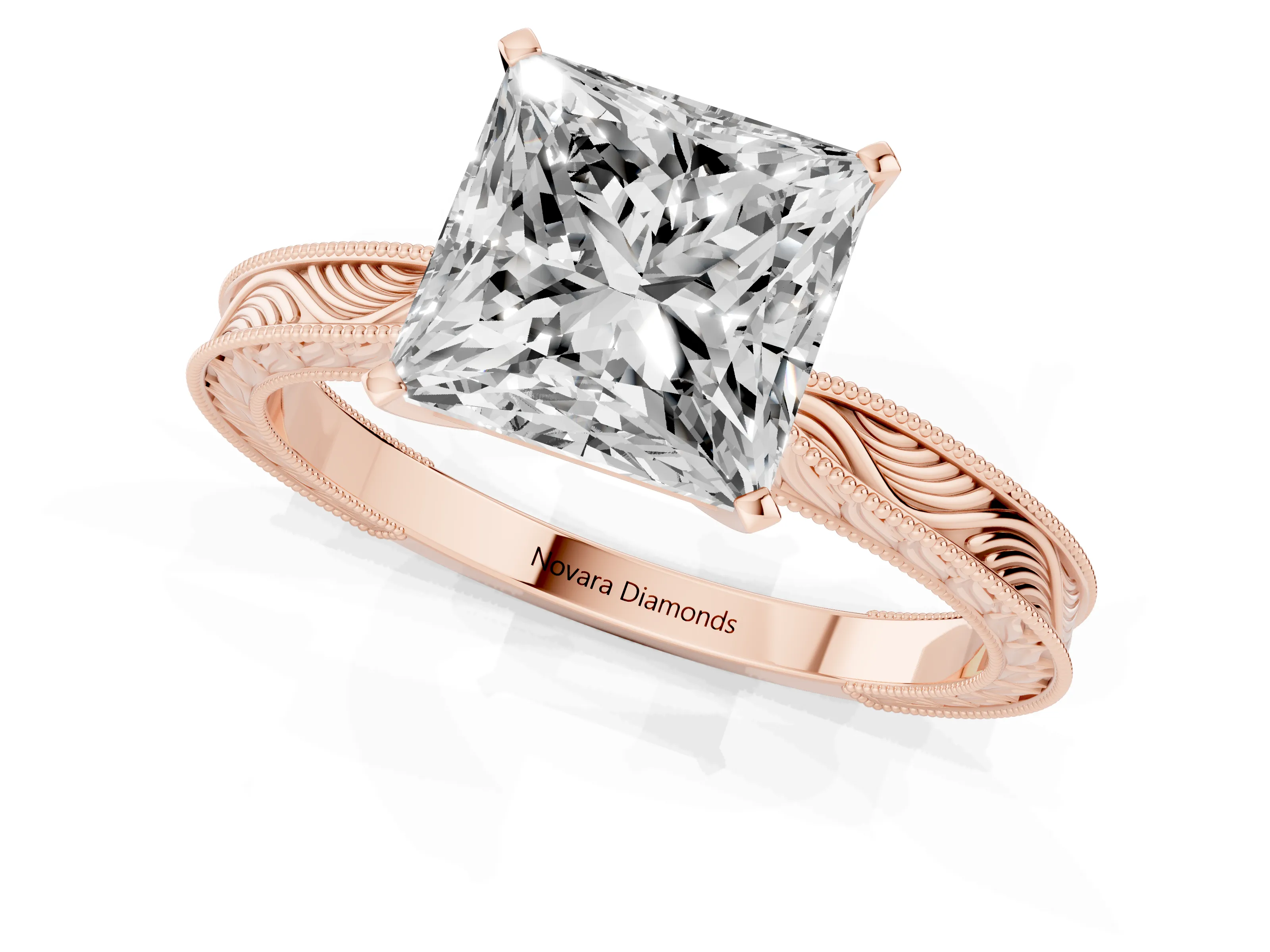 Princess Cut Diamond Solitaire Milgrain Engraved Band Set in Rose gold with Prong Setting