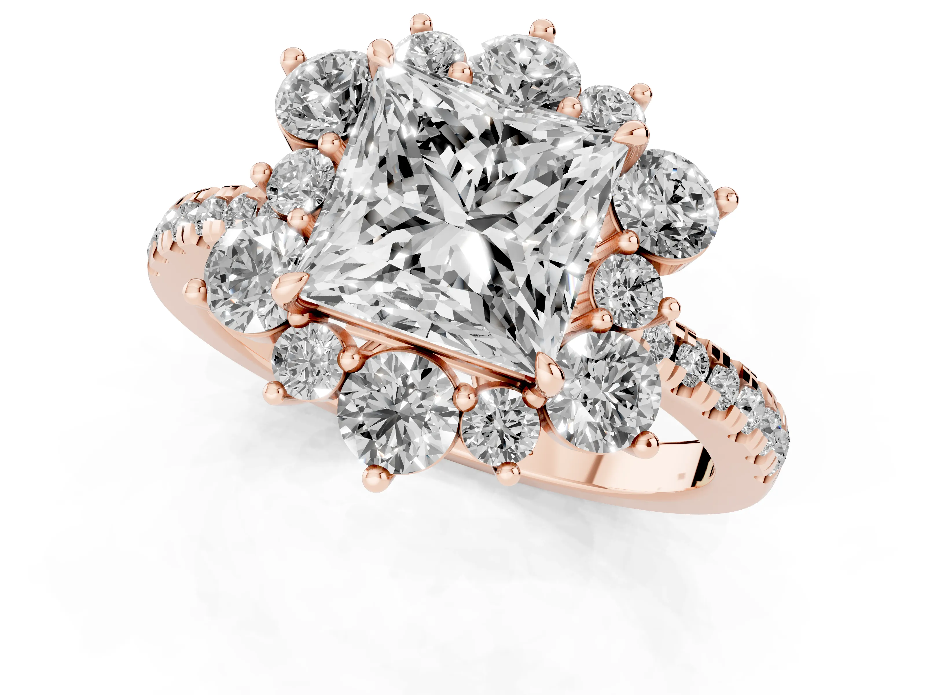 Princess Cut Diamond Floral Halo Ring Set in Rose gold with Round Pavé Band and Prong Setting