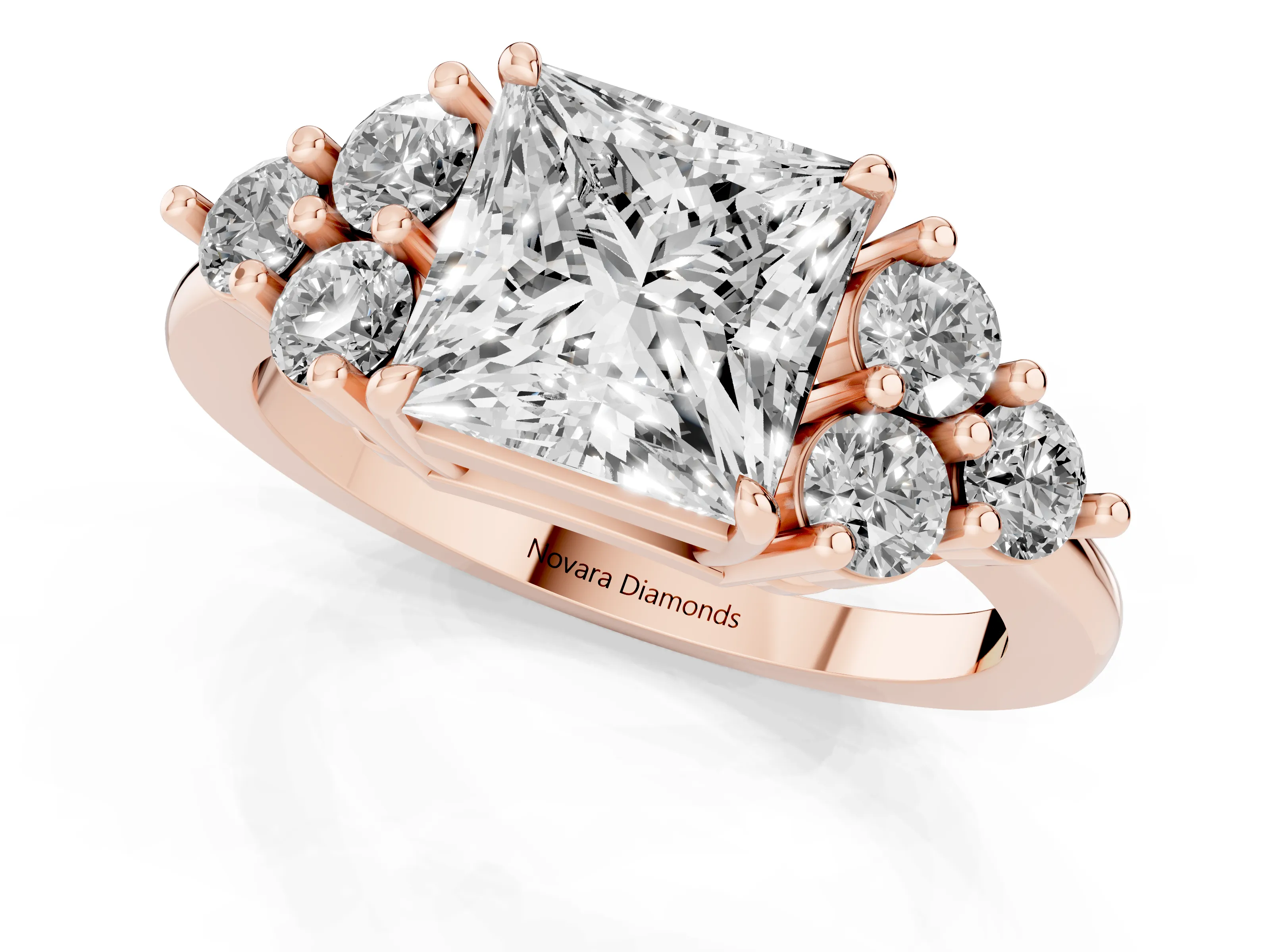 Princess Cut Diamond Solitaire Ring Set in Rose gold with Cluster Accents on Each Side