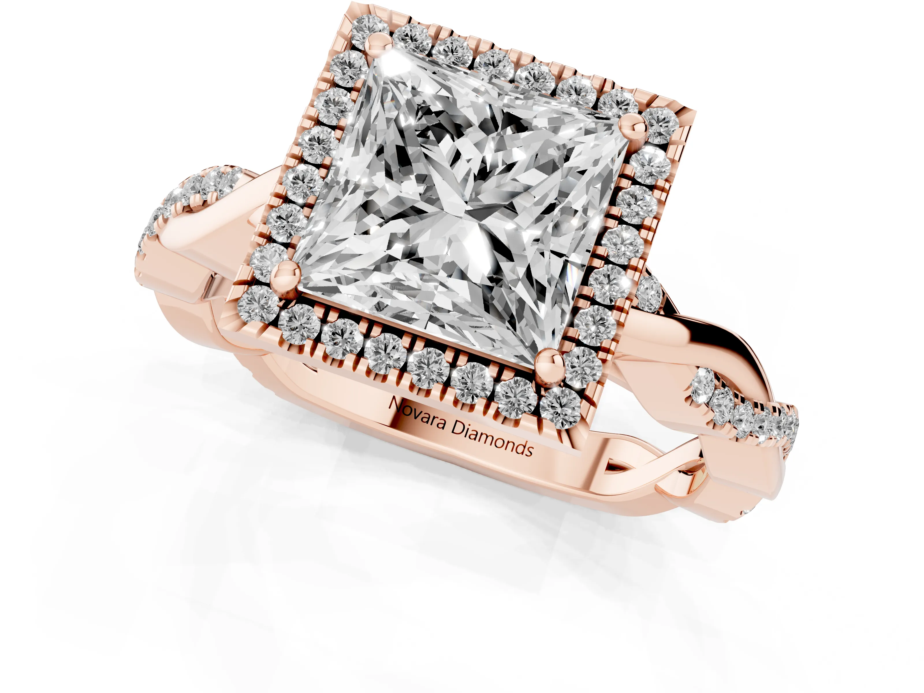 Princess Cut Diamond Halo Twisted Band Ring Set in Rose gold with Prong Setting