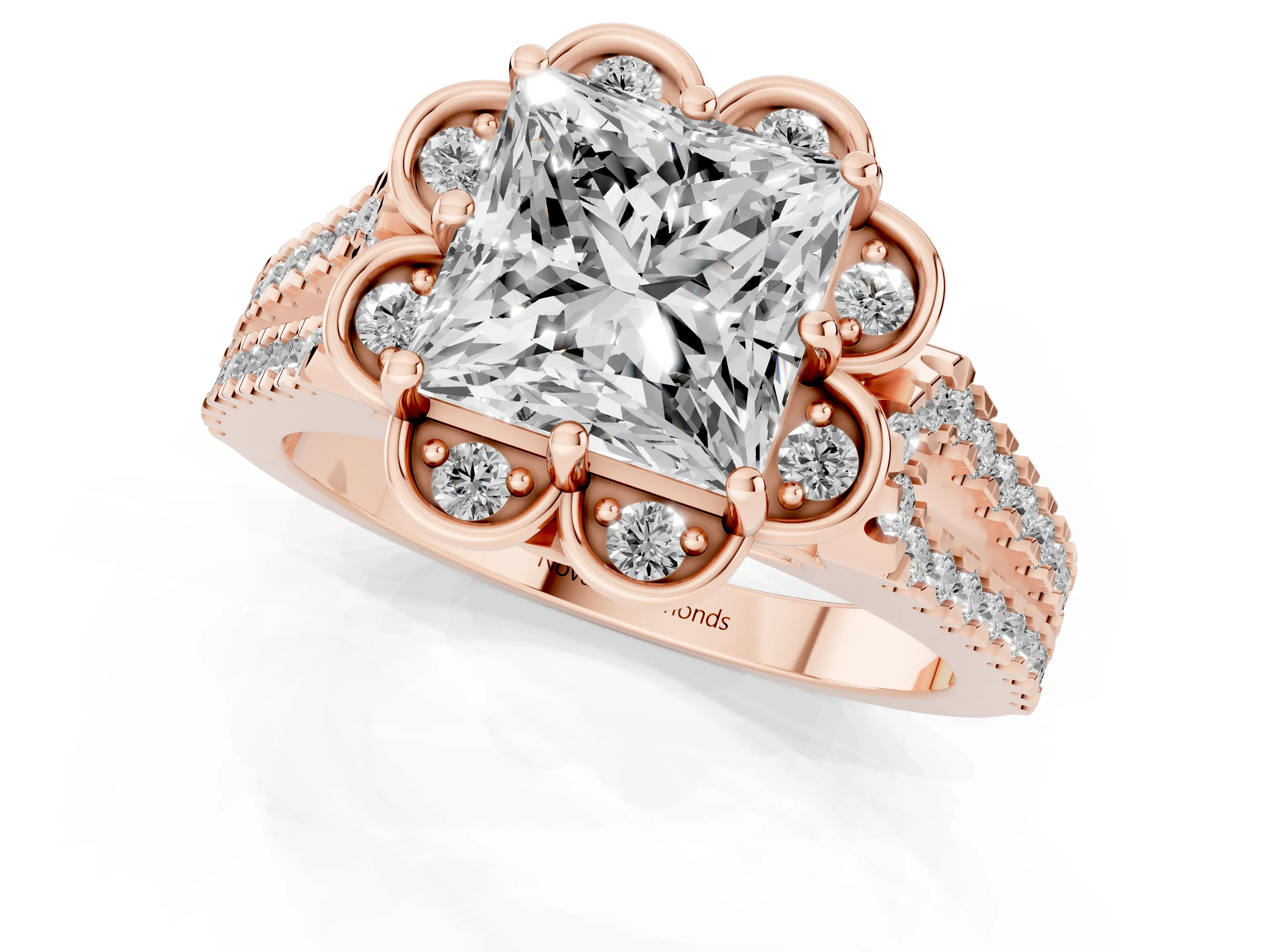 Princess Cut Diamond Floral Halo Split Shank Engagement Ring Set in Rose gold with Pavé Shank