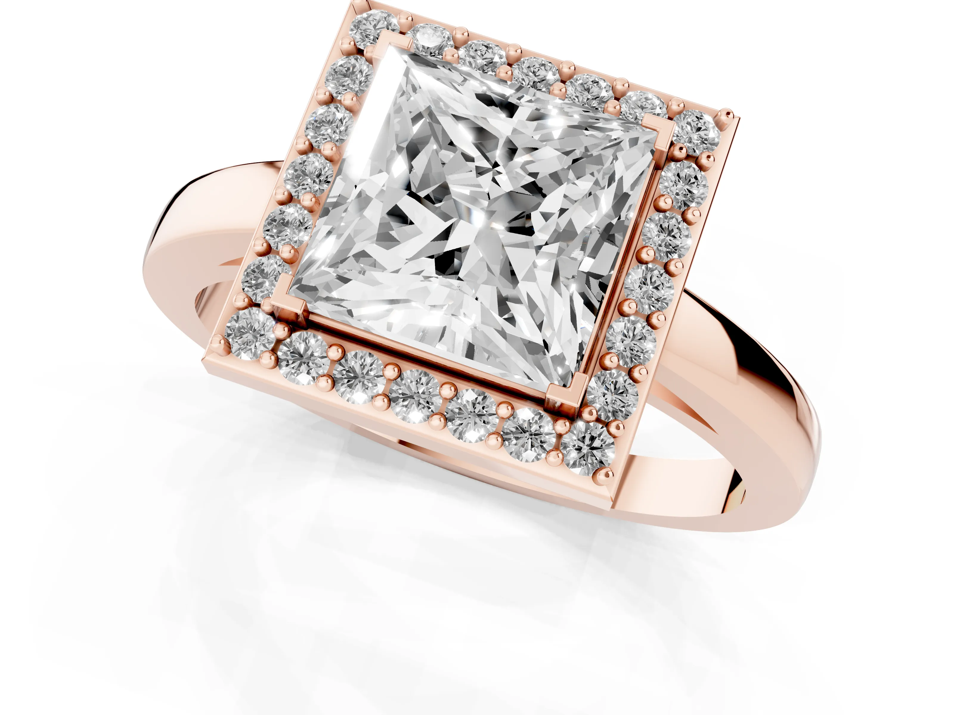 Princess Cut Diamond Halo Ring Set in Rose gold with Solitaire Band and Prong Setting