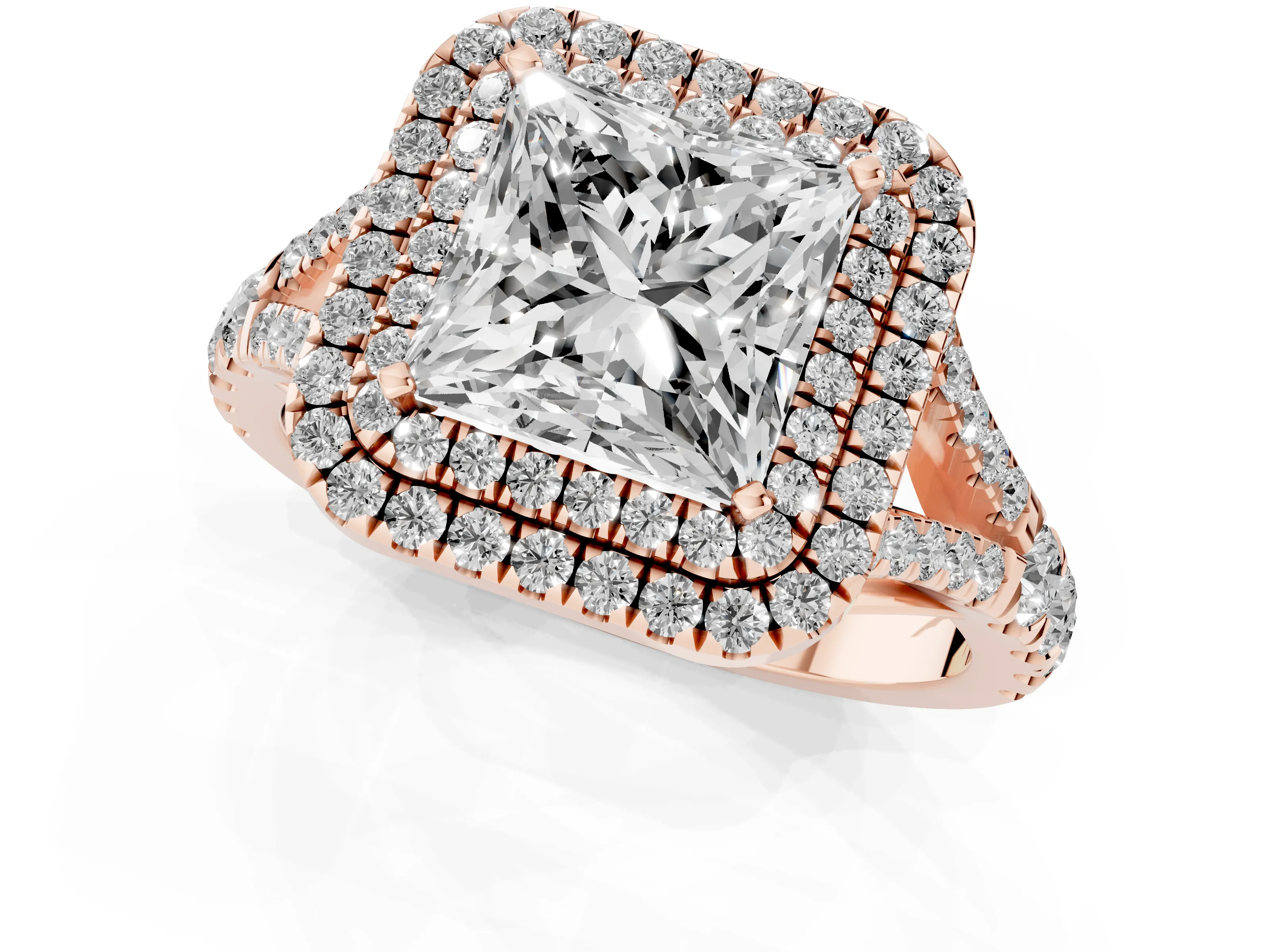 Princess Cut Diamond Pavé Split Shank Double Halo Engagement Ring Set in Rose gold