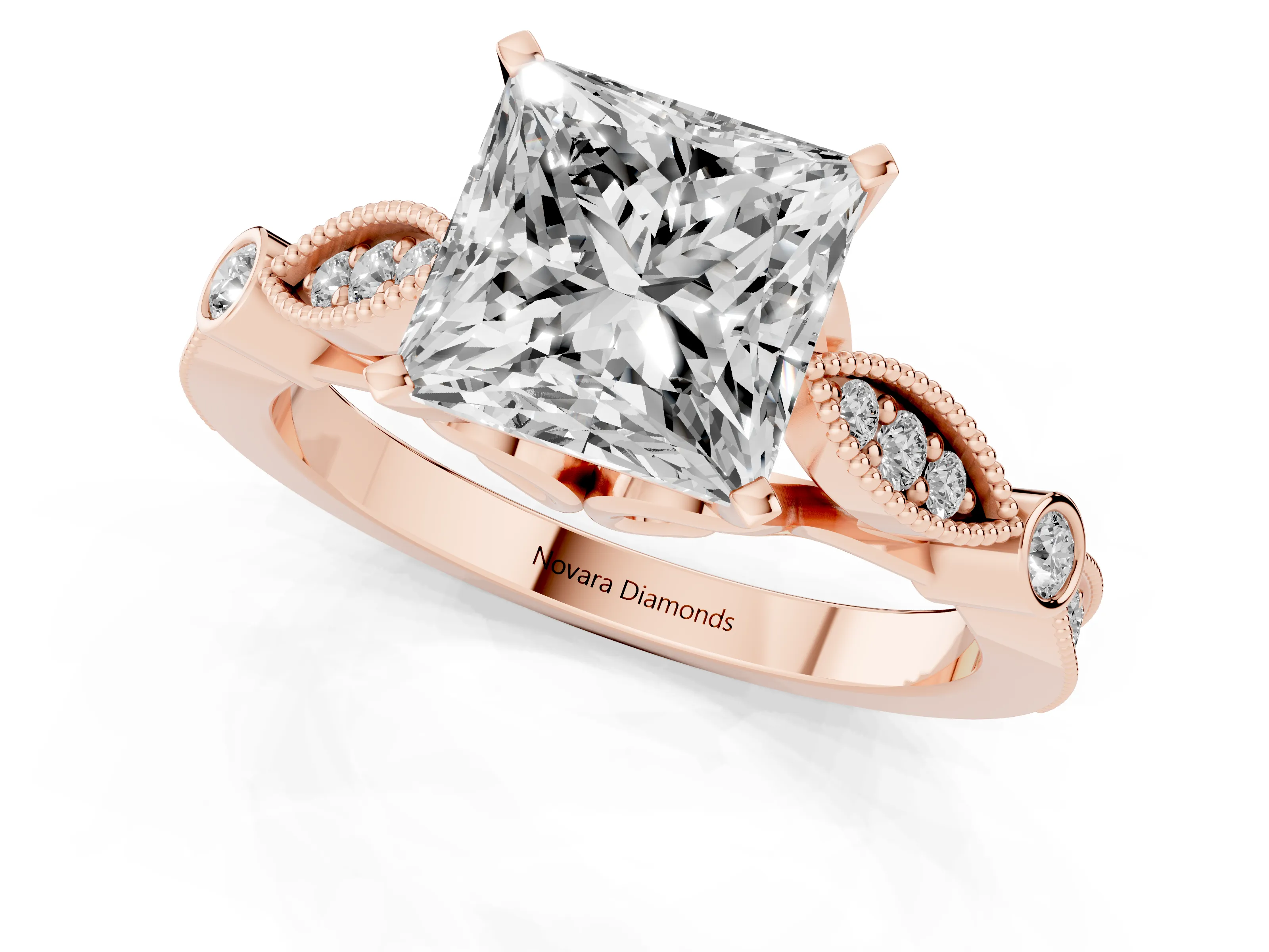 Princess Cut Diamond Solitaire Ring Set in Rose gold with Milgrain Marquise and Bezel Accents – second view