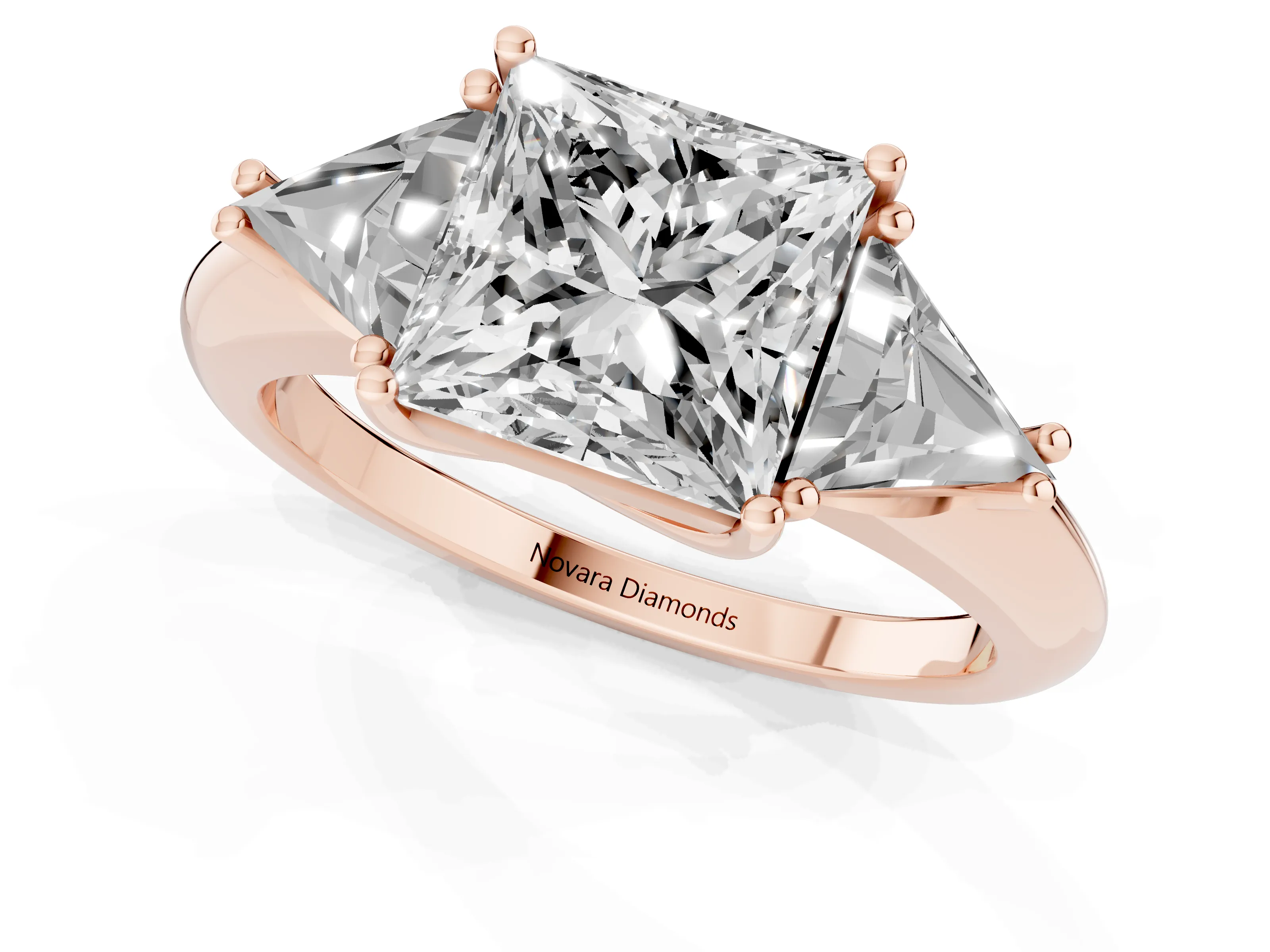 Princess Cut Diamond Three-Stone Engagement Ring Set in Rose gold with Trillion Side Stones