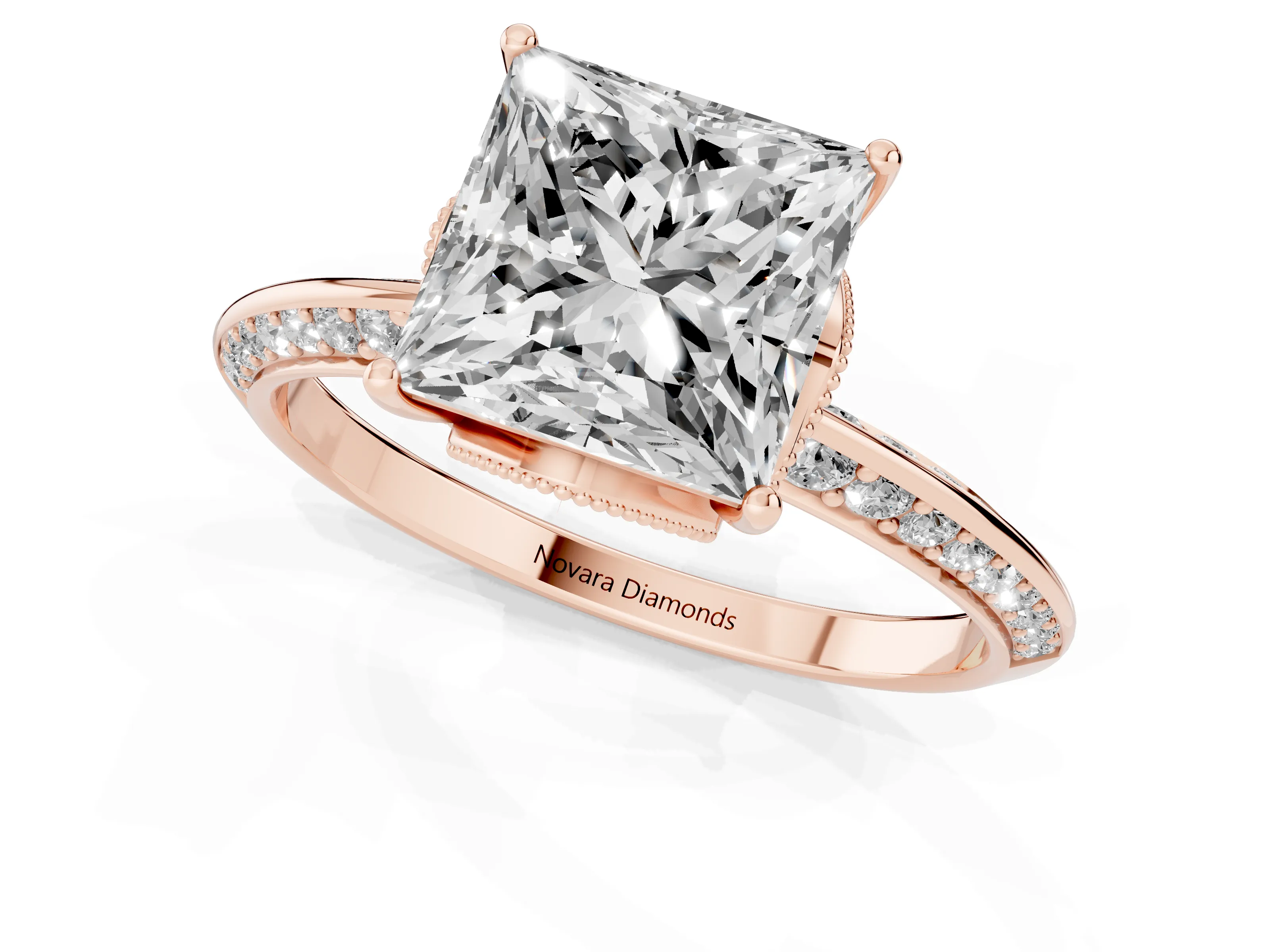 Princess Cut Diamond Solitaire Engagement Ring Set in Rose gold with Pavé Split Shank and Prong Setting