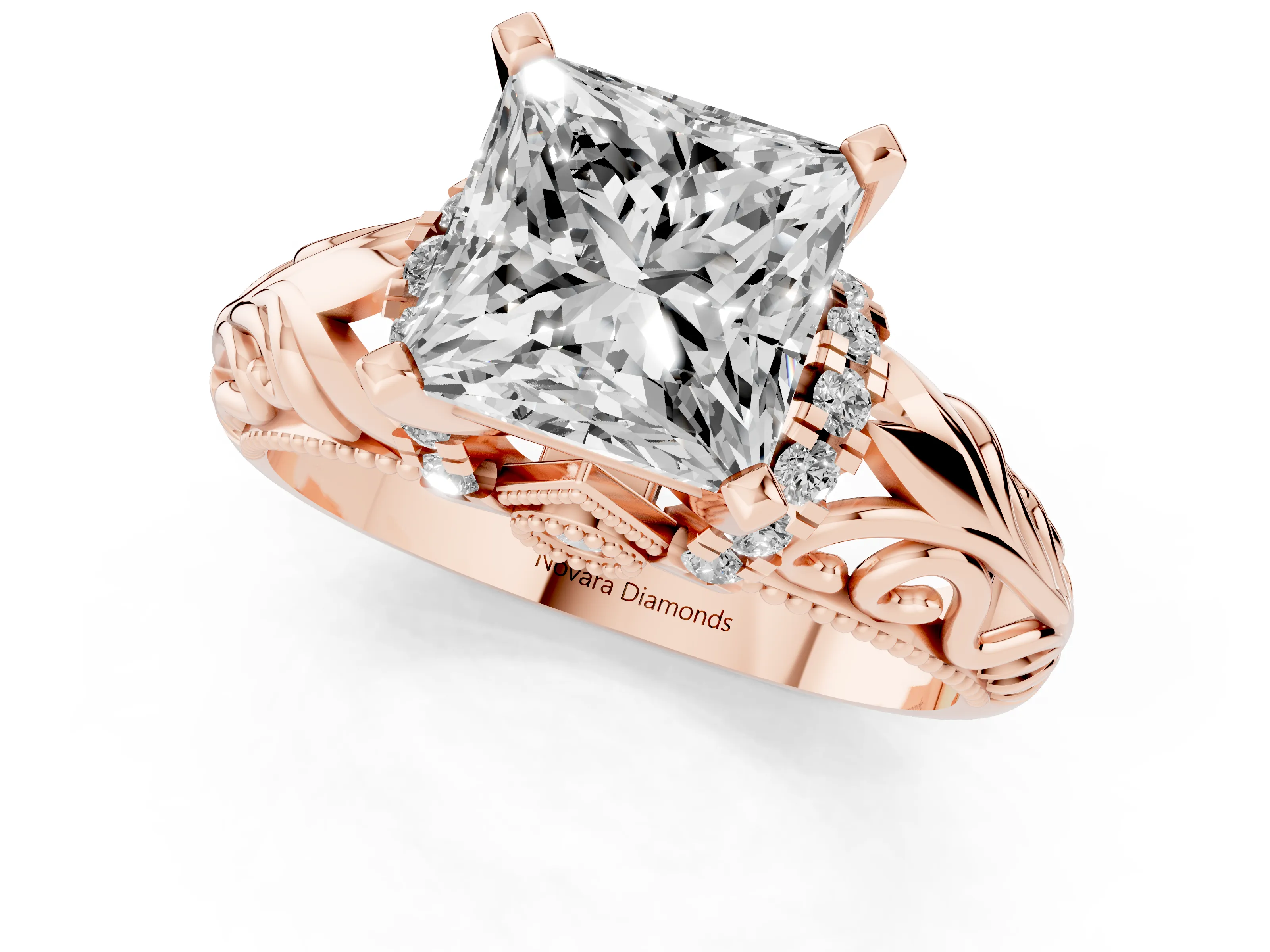 Princess Cut Diamond Filigree Halo Engagement Ring Set in Rose gold with Prong Setting