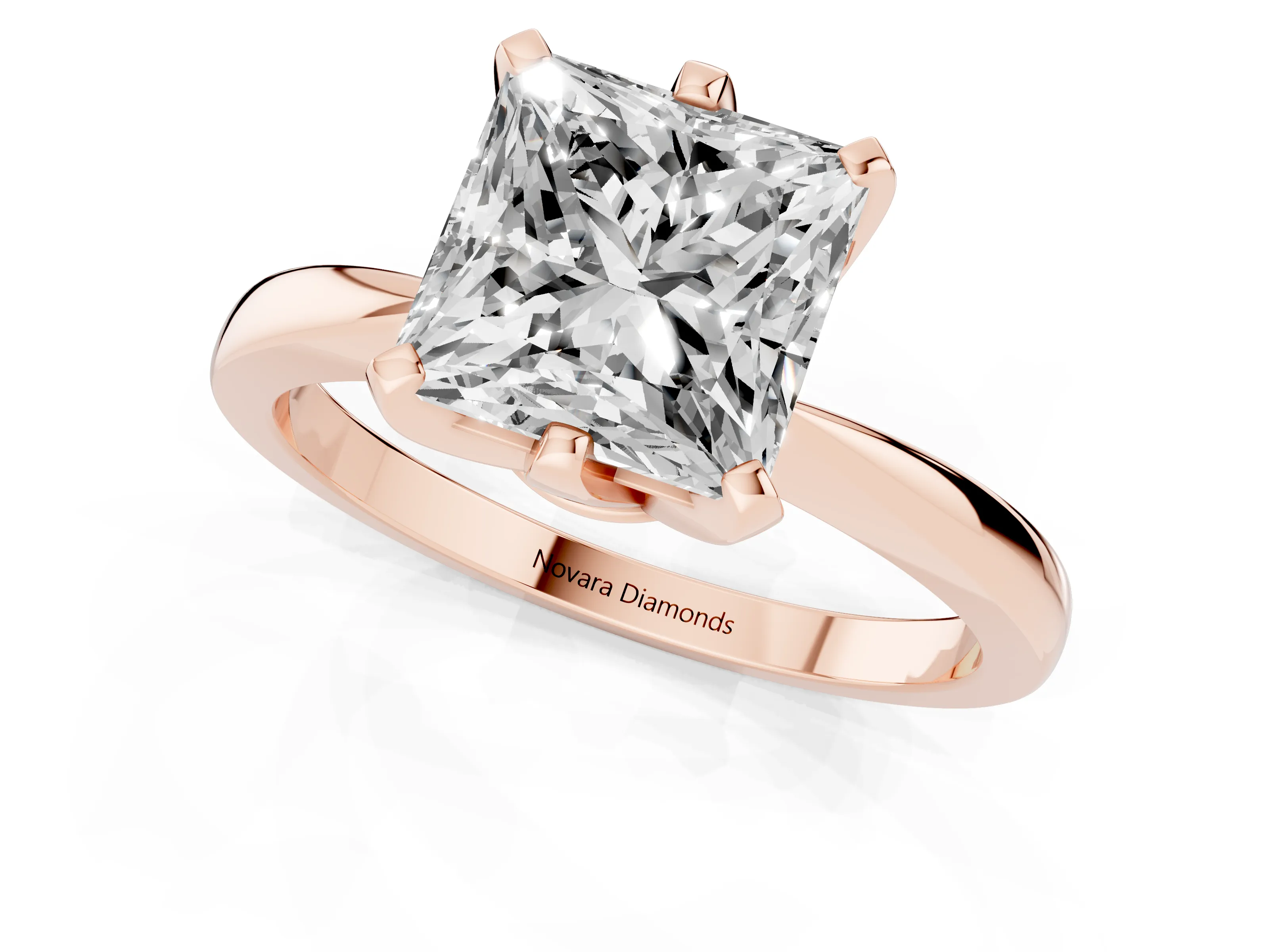 Princess Cut Diamond Solitaire Engagement Ring Set in Rose gold with Slim Tapered Solitaire Band