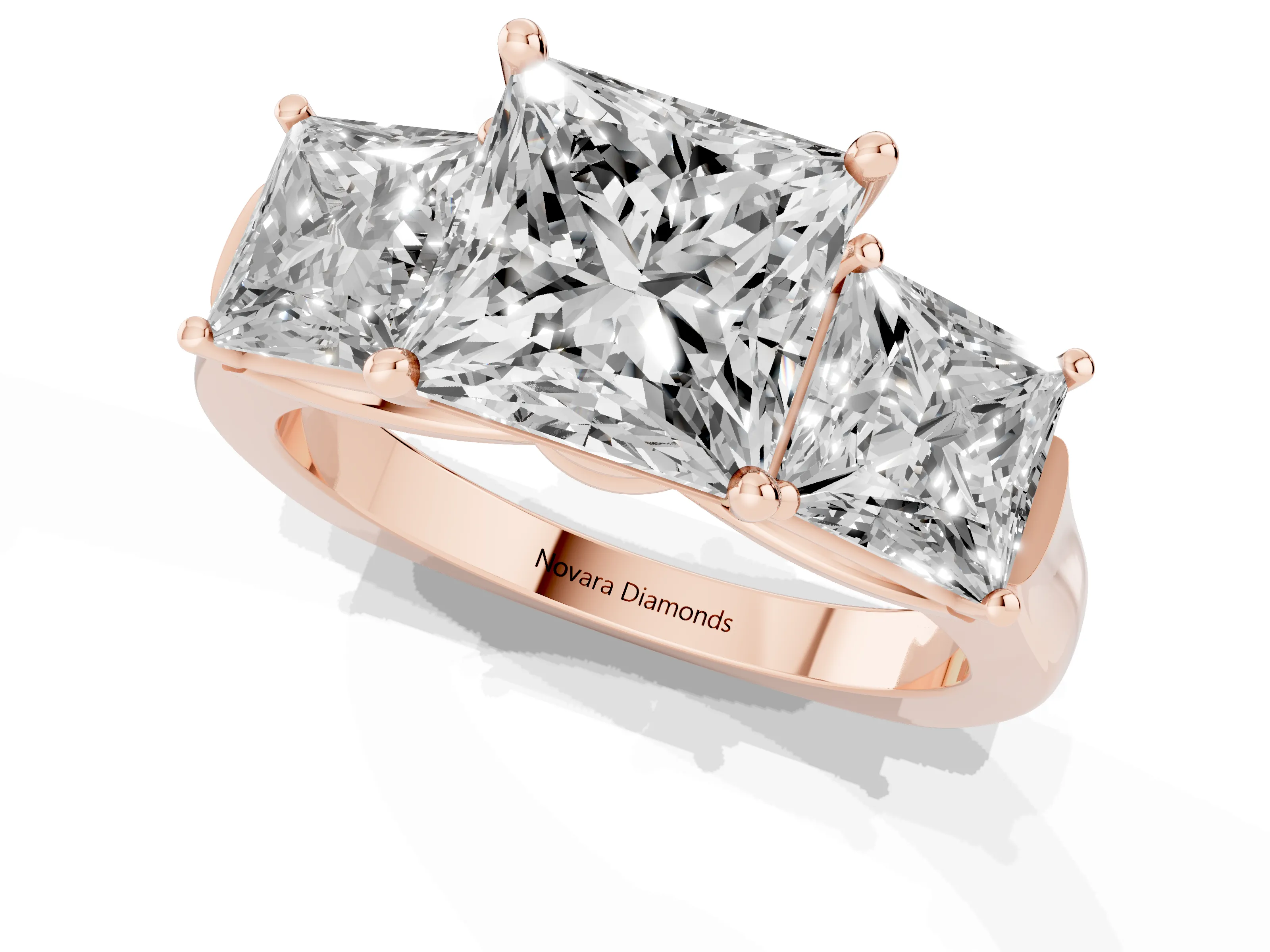 Princess Cut Diamond Three-Stone Trellis Ring Set in Rose gold with Comfort Fit Band