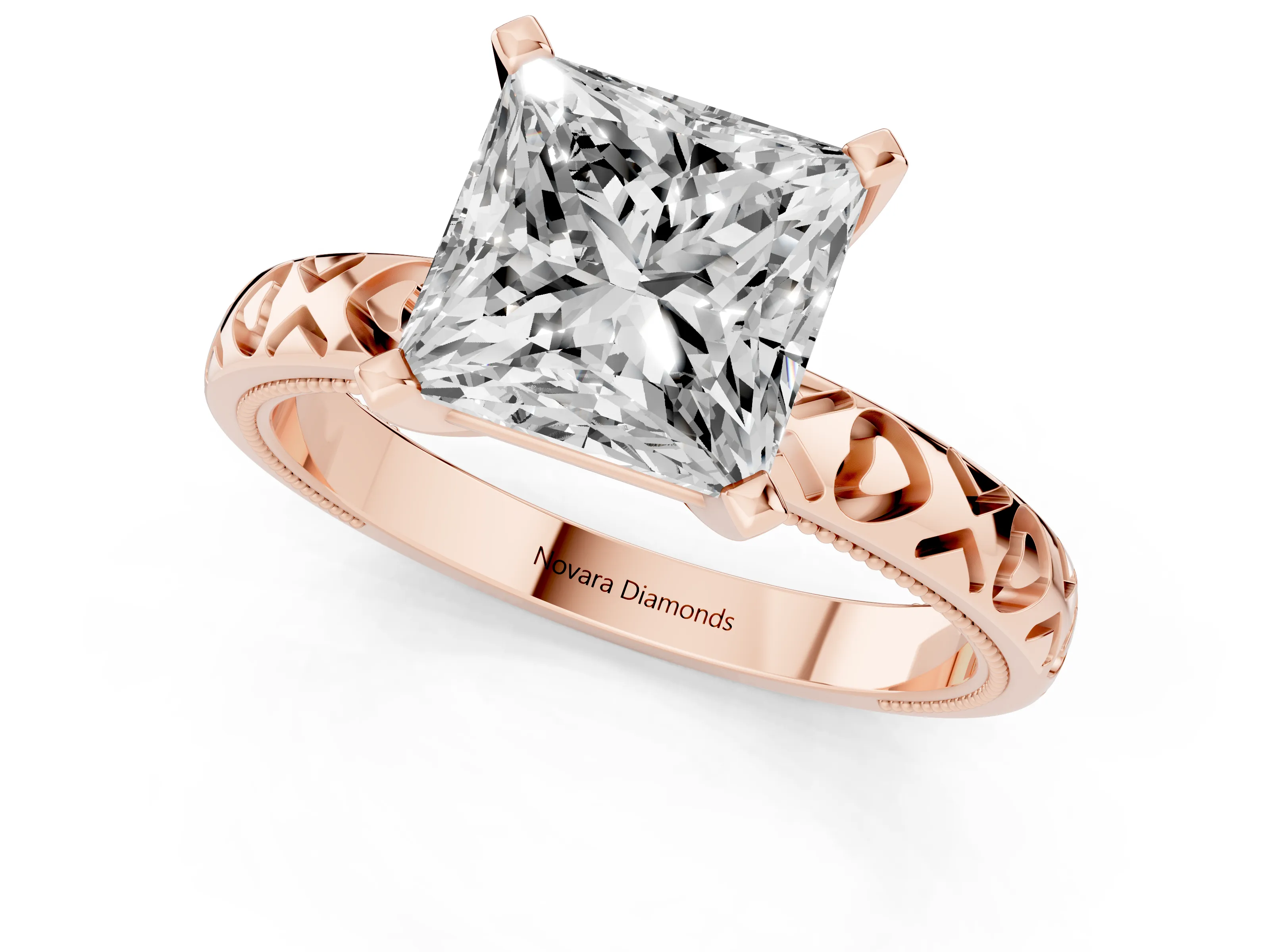Princess Cut Diamond Solitaire Engagement Ring Set in Rose gold with XO Engraved Band and Prong Setting